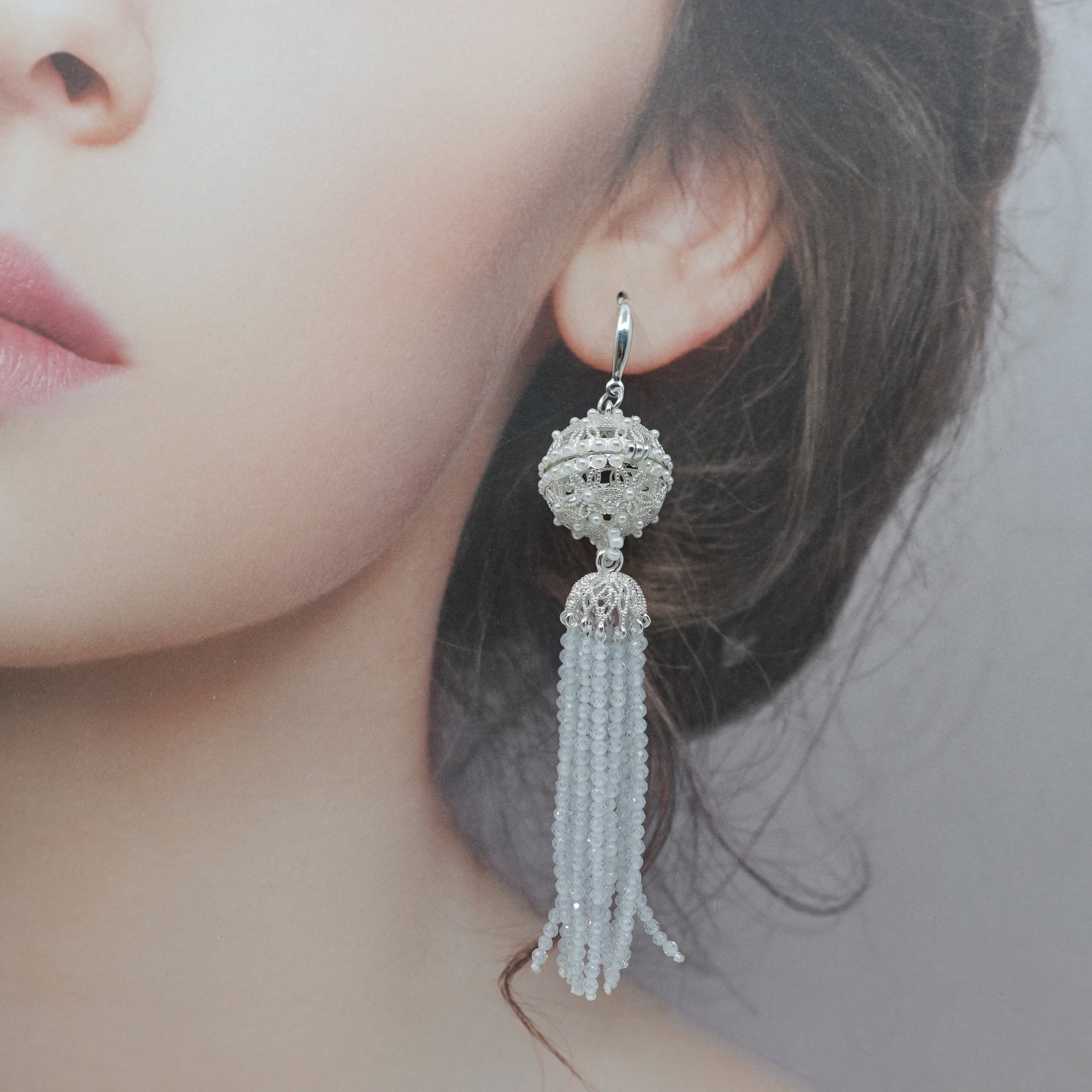 Herbal Locket Crystal Tassel Earrings - White Zirconia - Yun Boutique