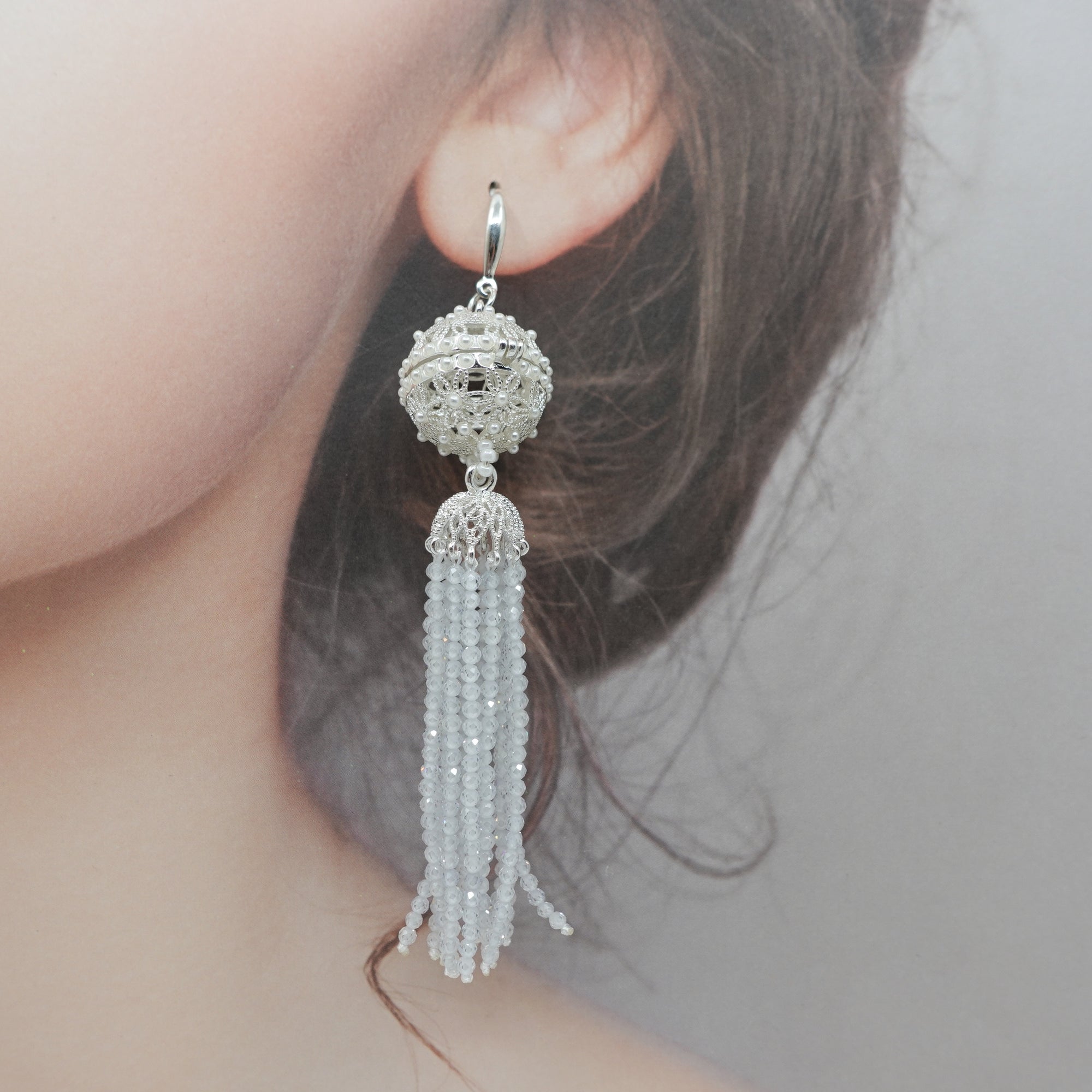 Herbal Locket Crystal Tassel Earrings - White Zirconia - Yun Boutique