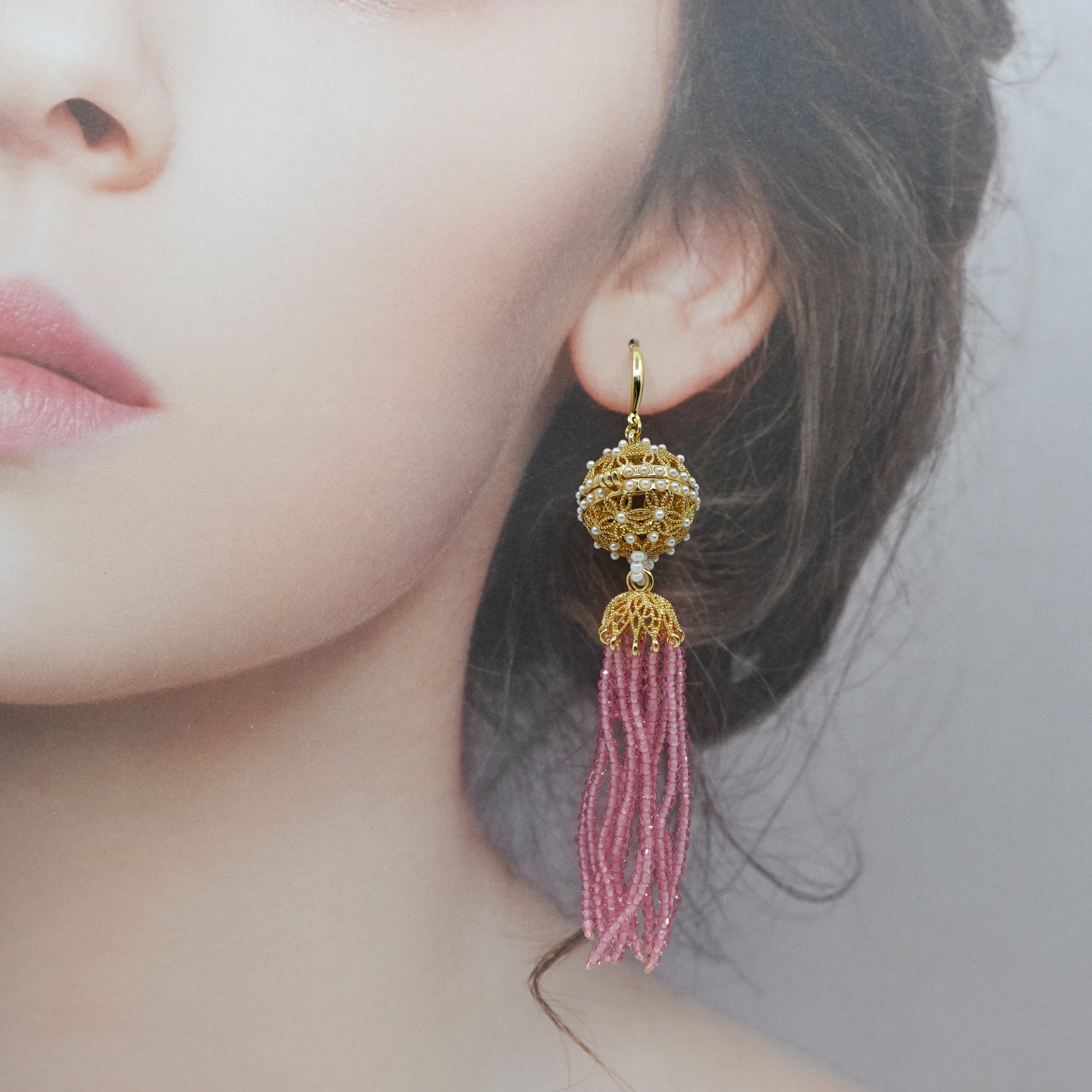 Herbal Locket Crystal Tassel Earrings - Pink Zirconia - Yun Boutique