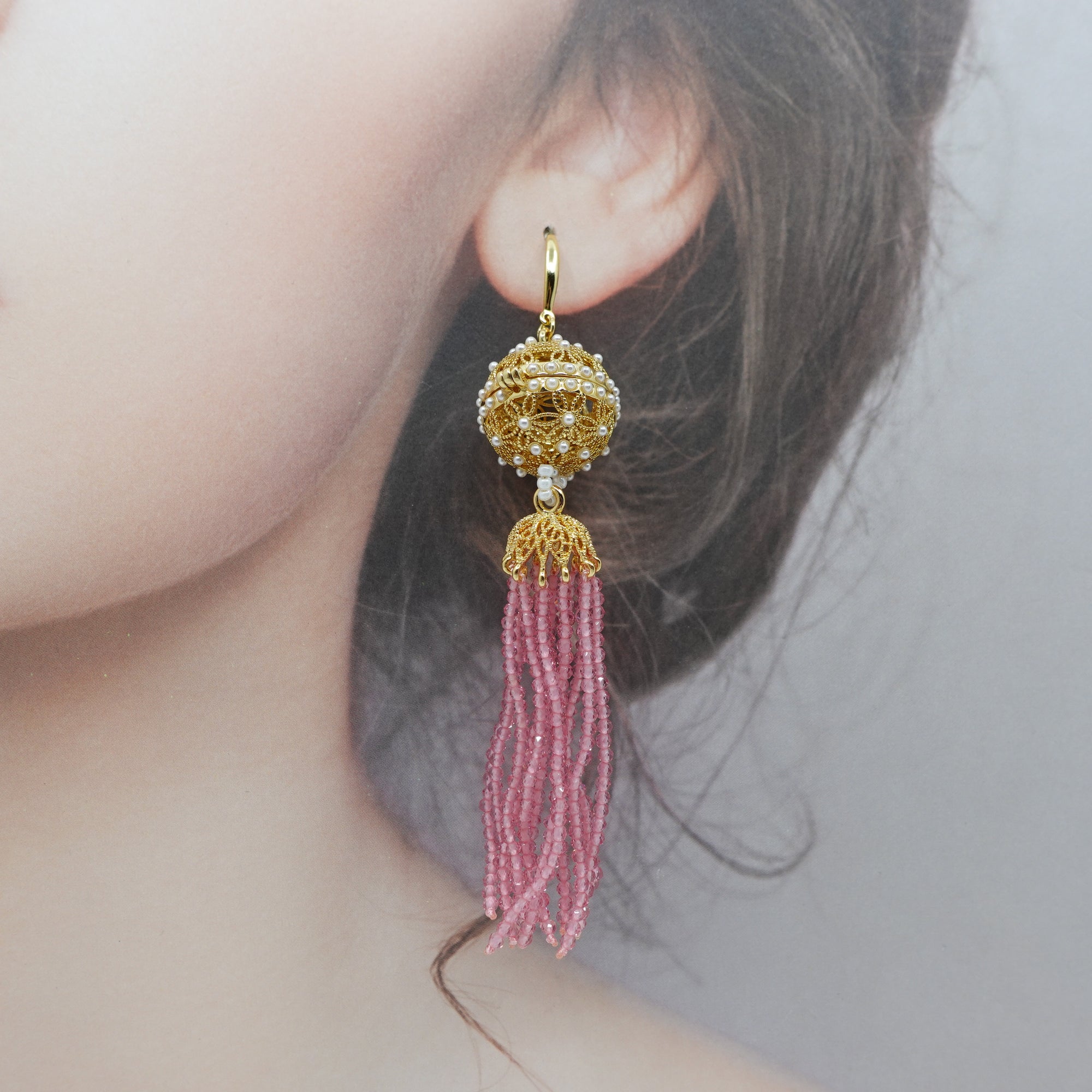 Herbal Locket Crystal Tassel Earrings - Pink Zirconia - Yun Boutique