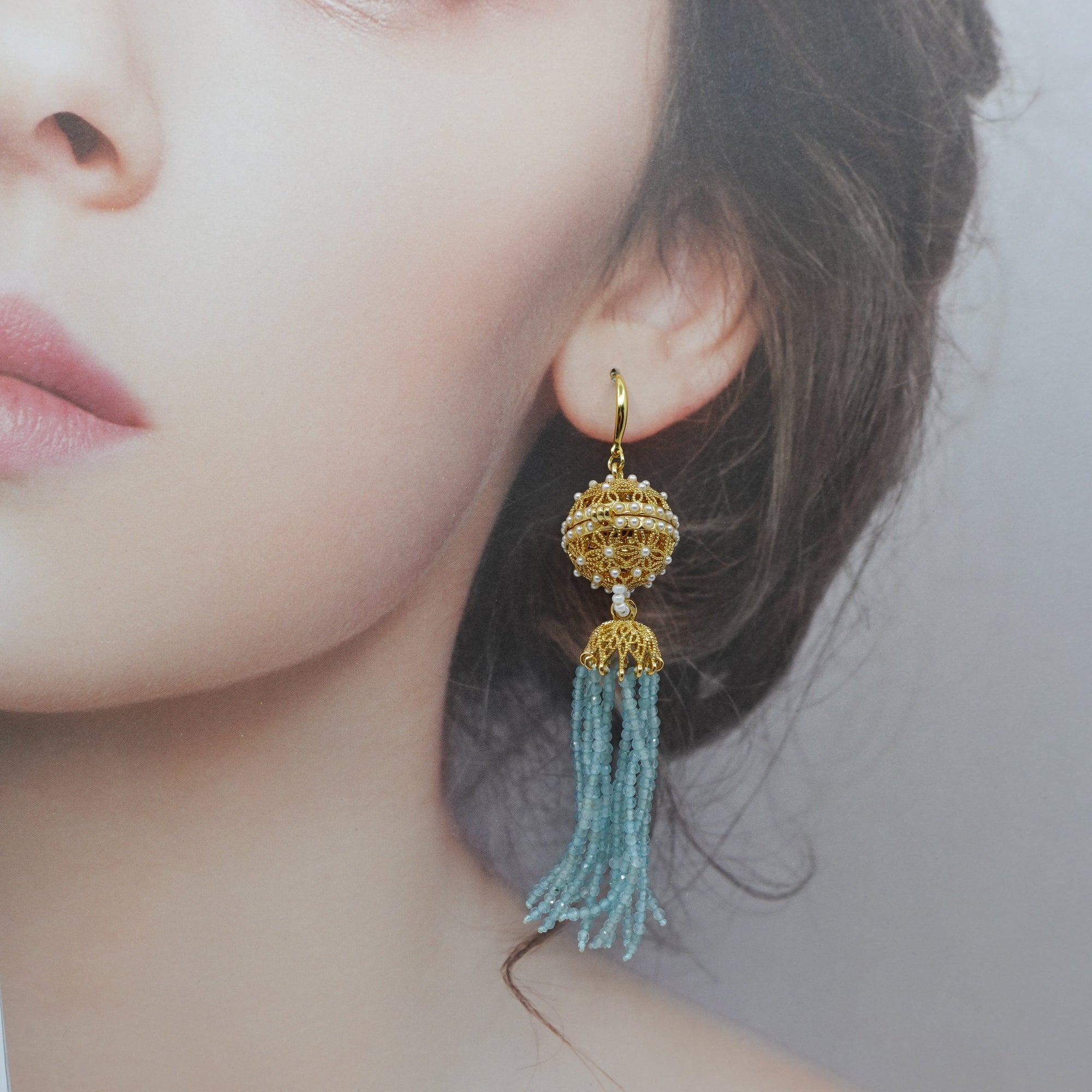 Herbal Locket Crystal Tassel Earrings - Aquamarine - Yun Boutique