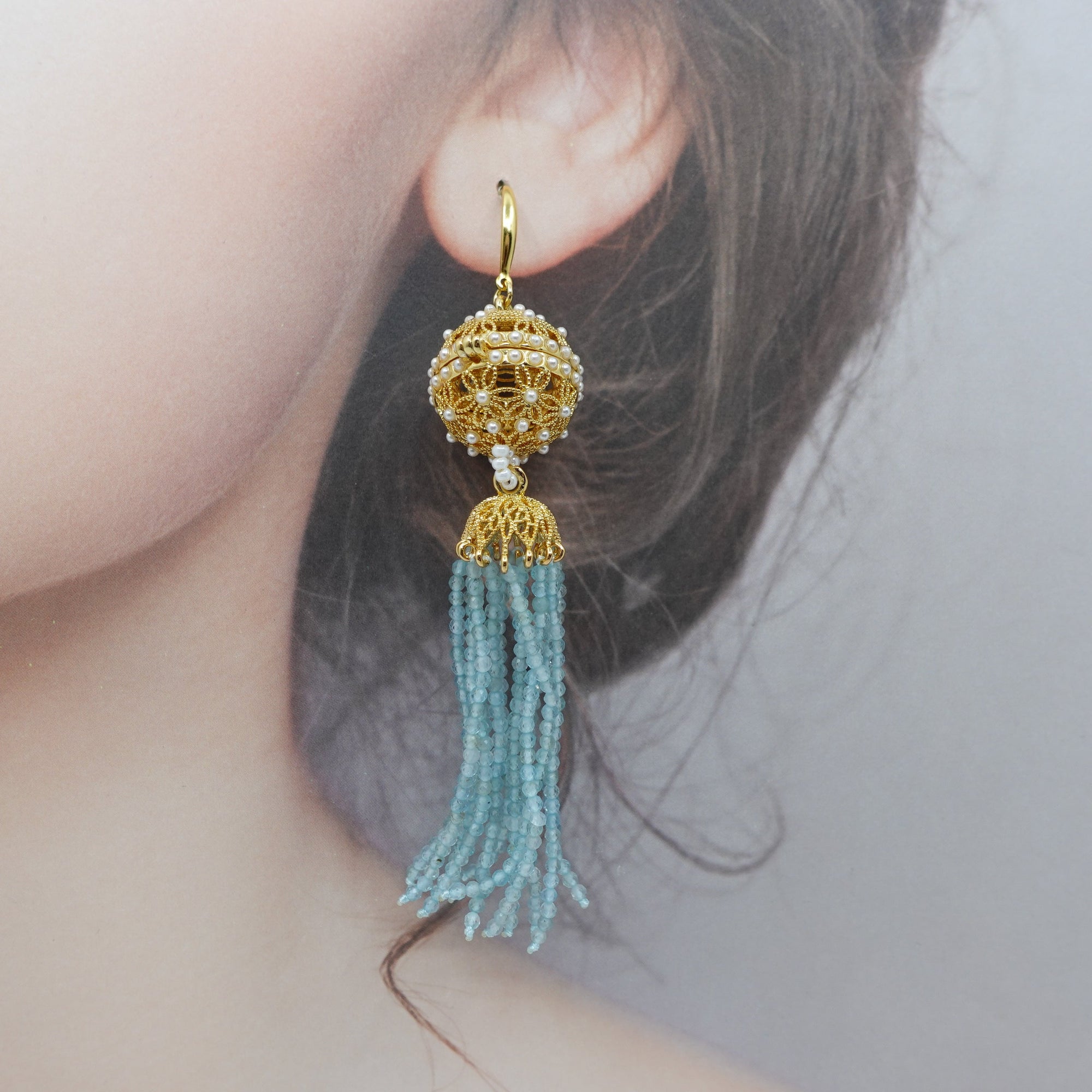 Herbal Locket Crystal Tassel Earrings - Aquamarine - Yun Boutique