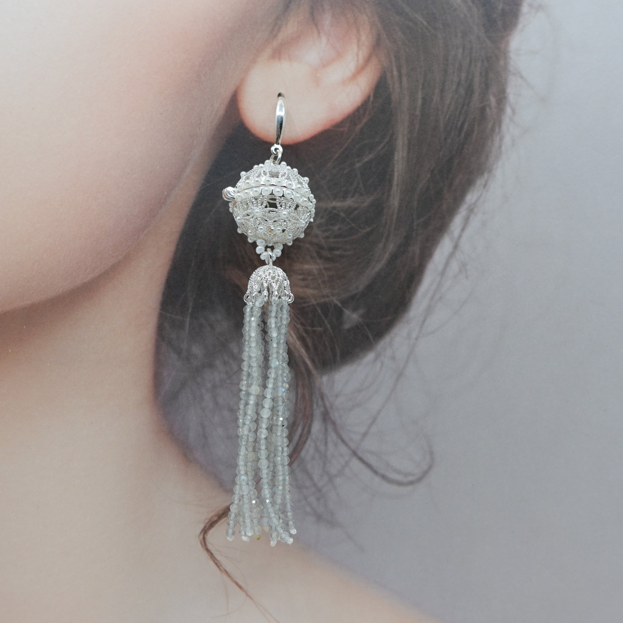 Herbal Locket Crystal Tassel Earrings - Grey Moonstone - Yun Boutique