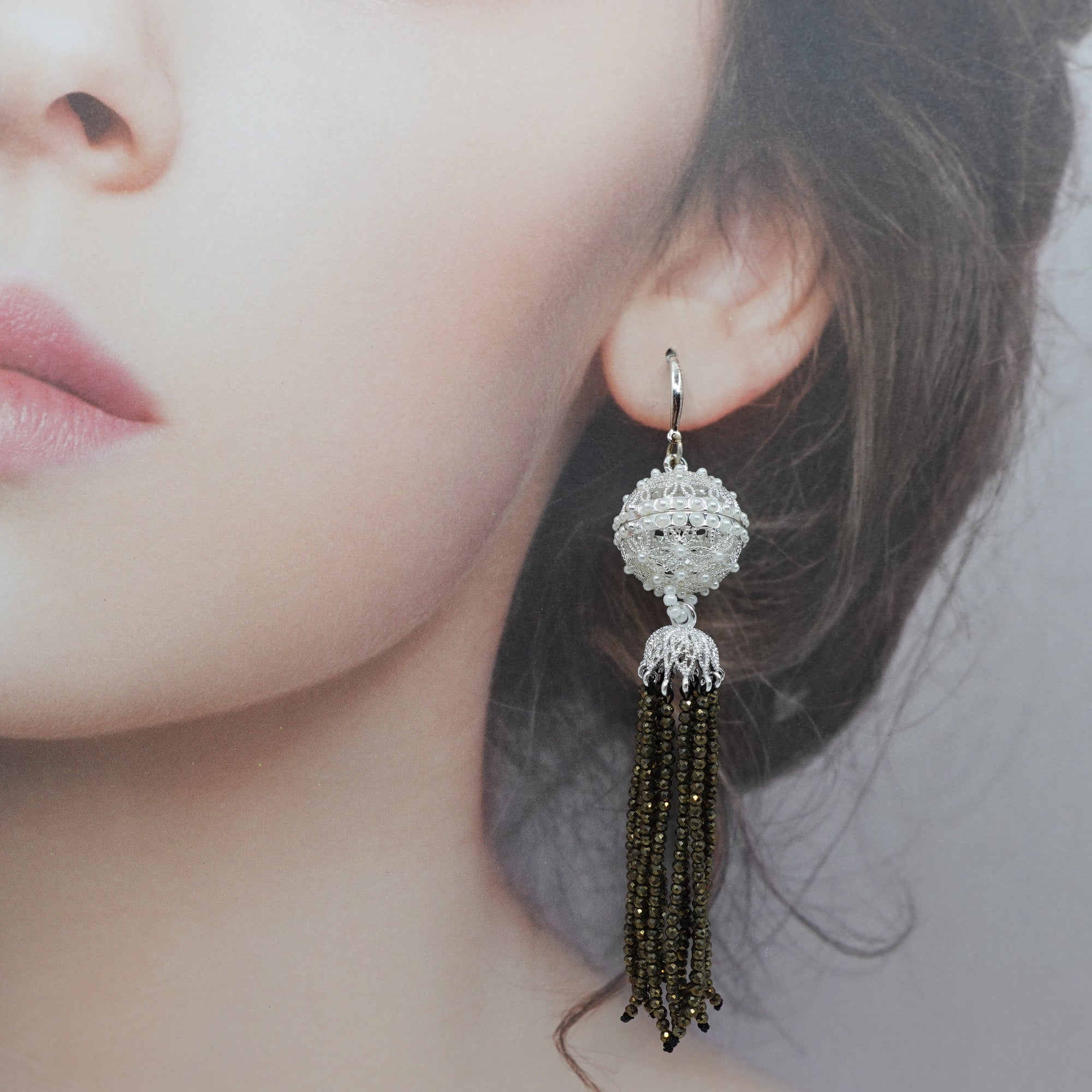 Herbal Locket Crystal Tassel Earrings - Pyrite Stone - Yun Boutique