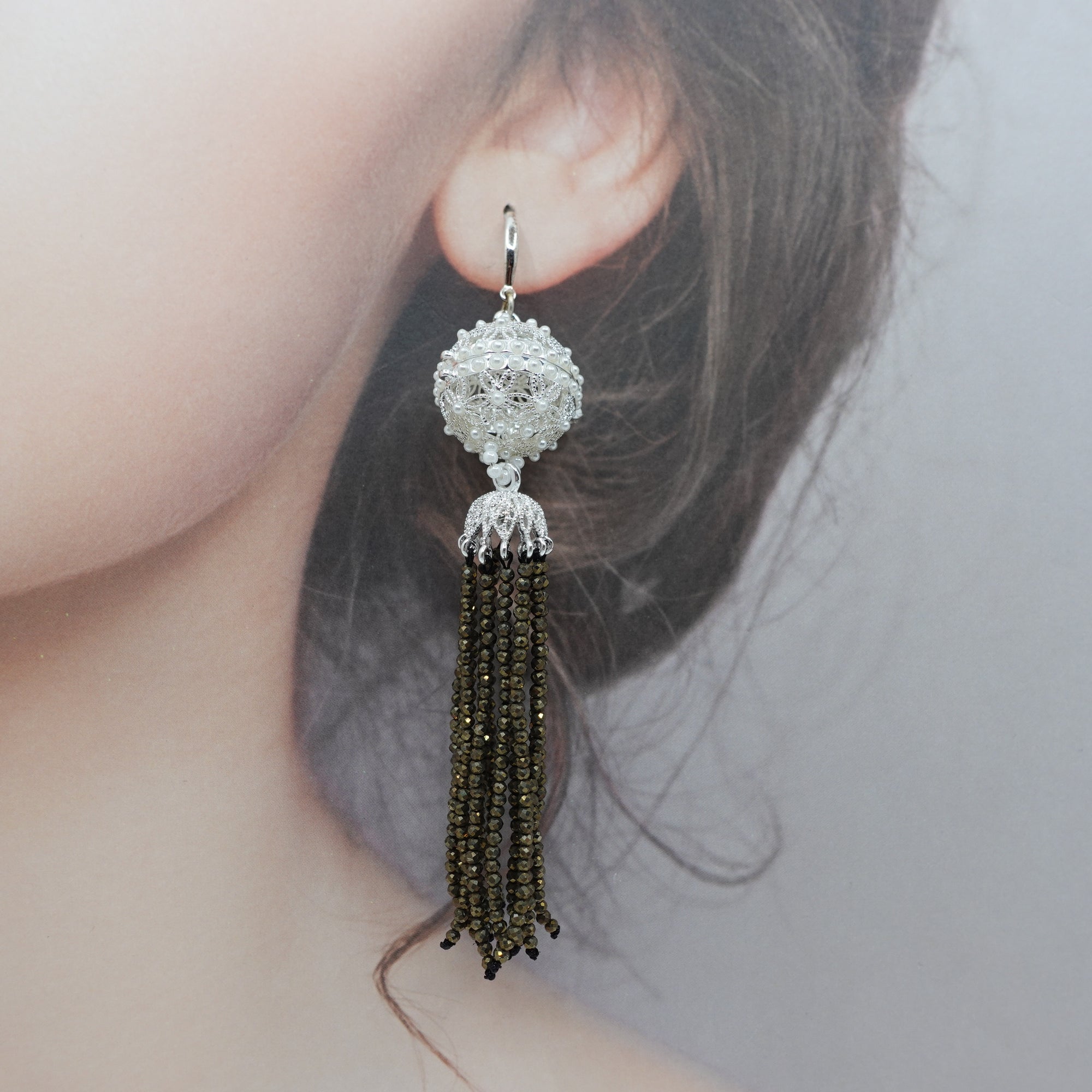 Herbal Locket Crystal Tassel Earrings - Pyrite Stone - Yun Boutique