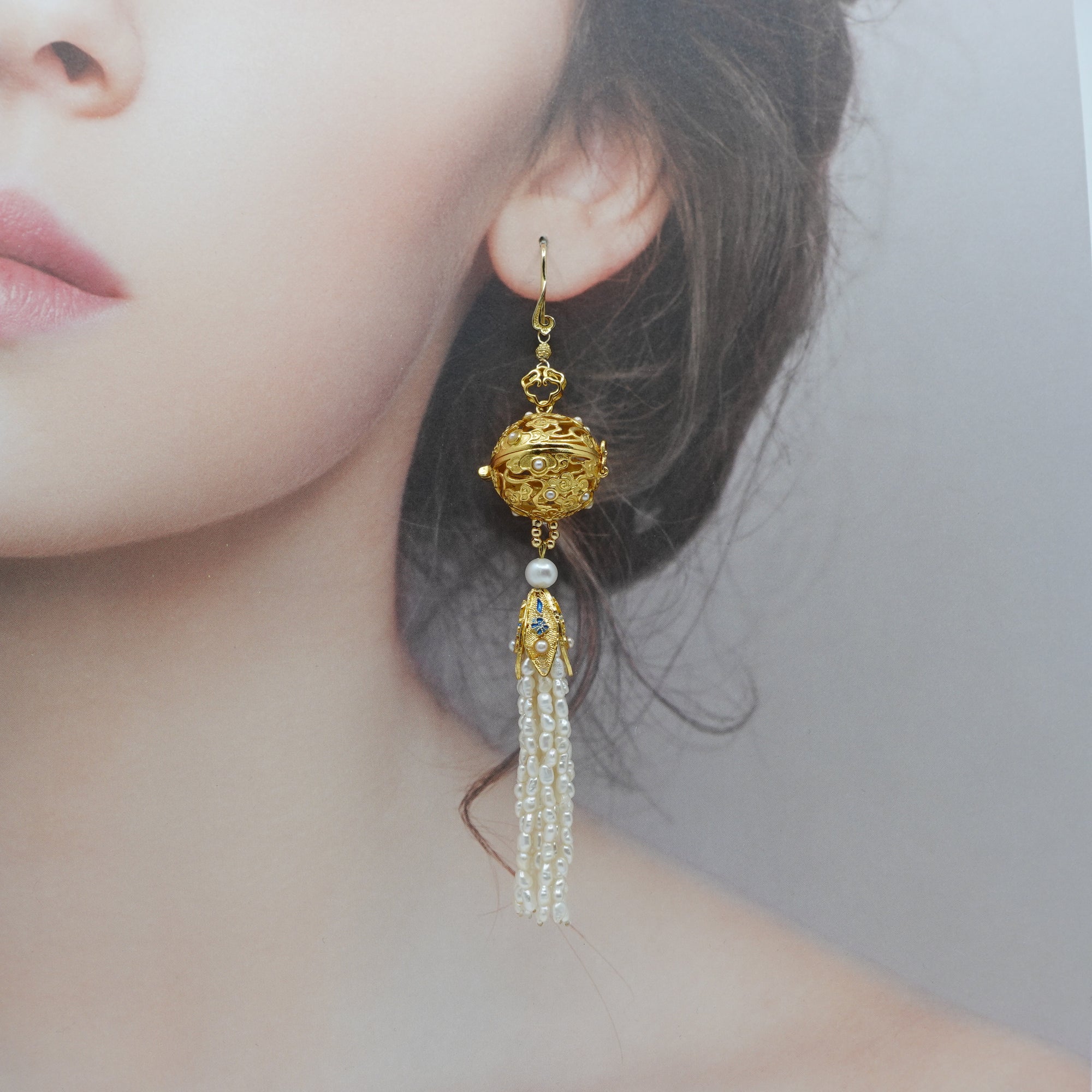 Auspicious Clouds Locket Ball and Pearl Tassel Earrings - Yun Boutique