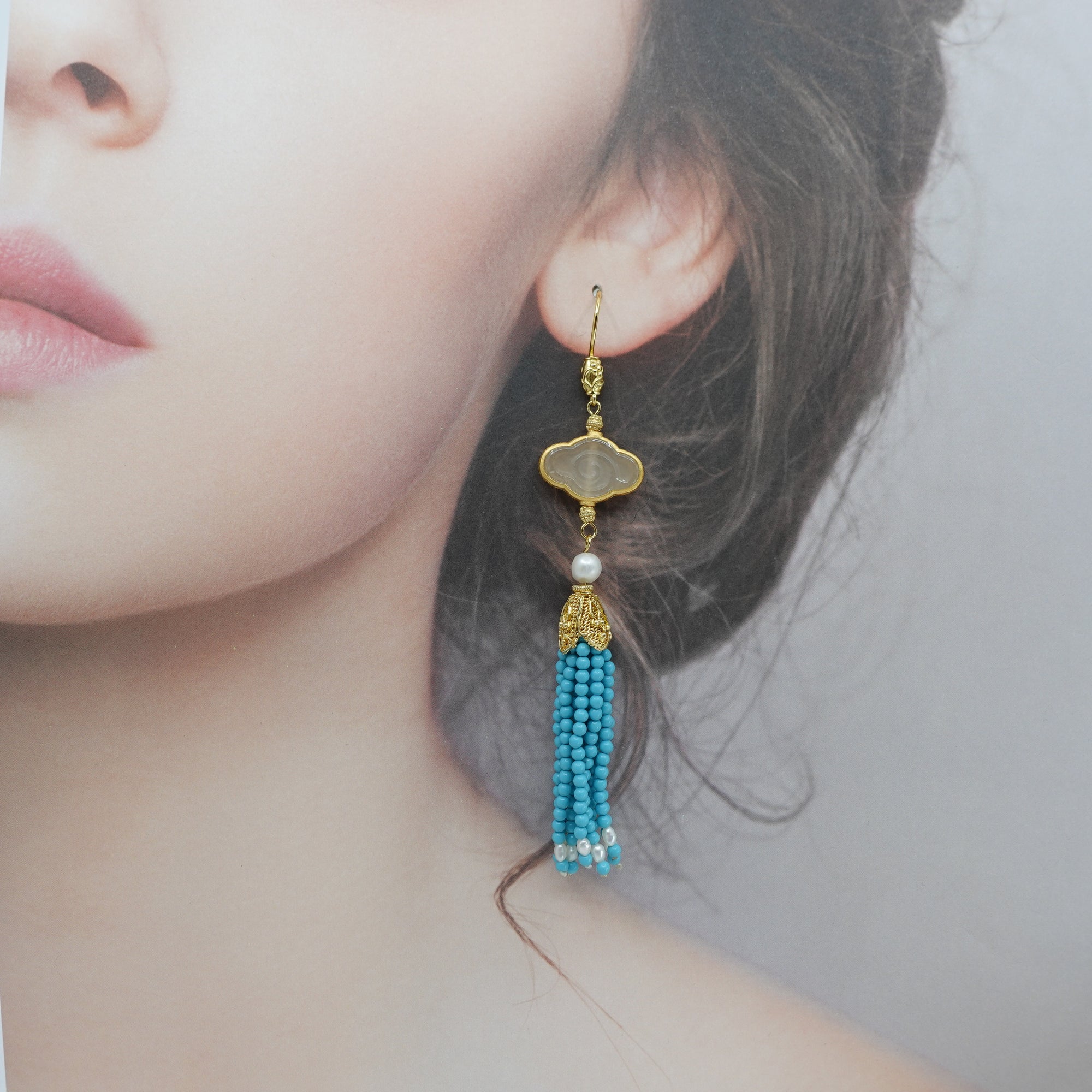 Auspicious Clouds Jade and Turquoise Tassel Earrings - Yun Boutique