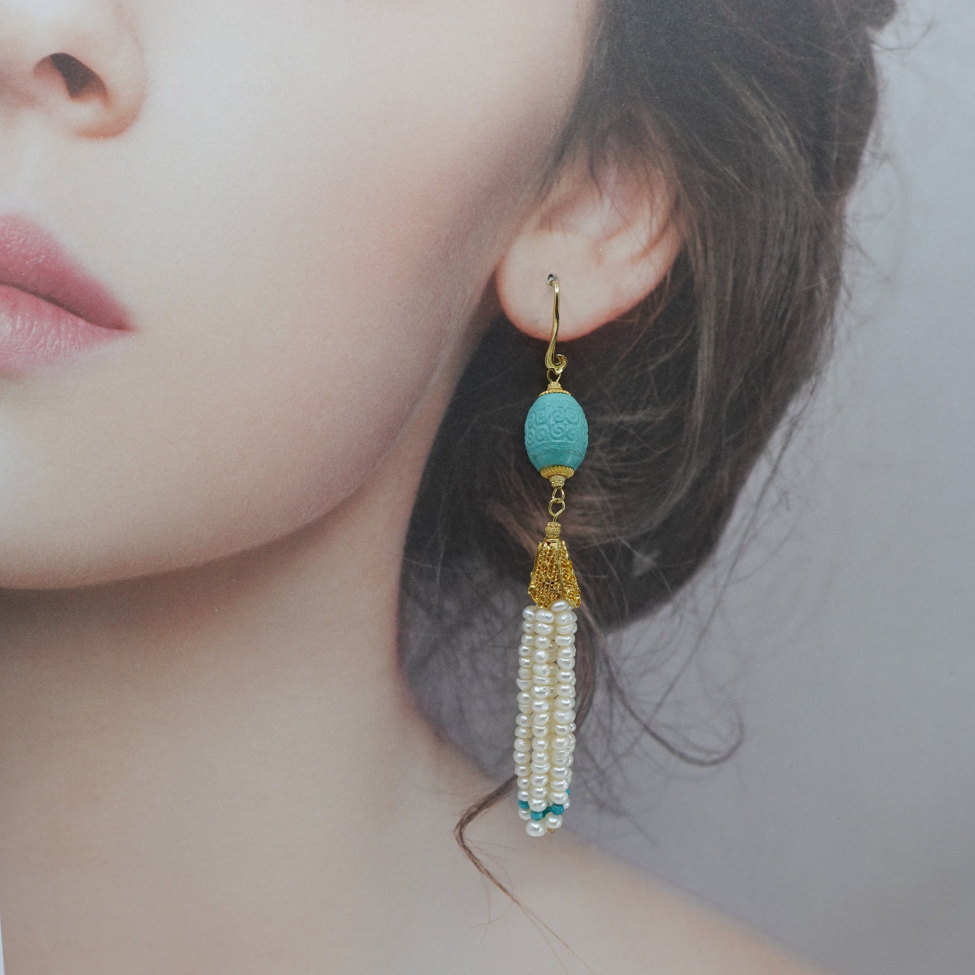 Auspicious Clouds Turquoise and Pearl Tassel Earrings - Yun Boutique