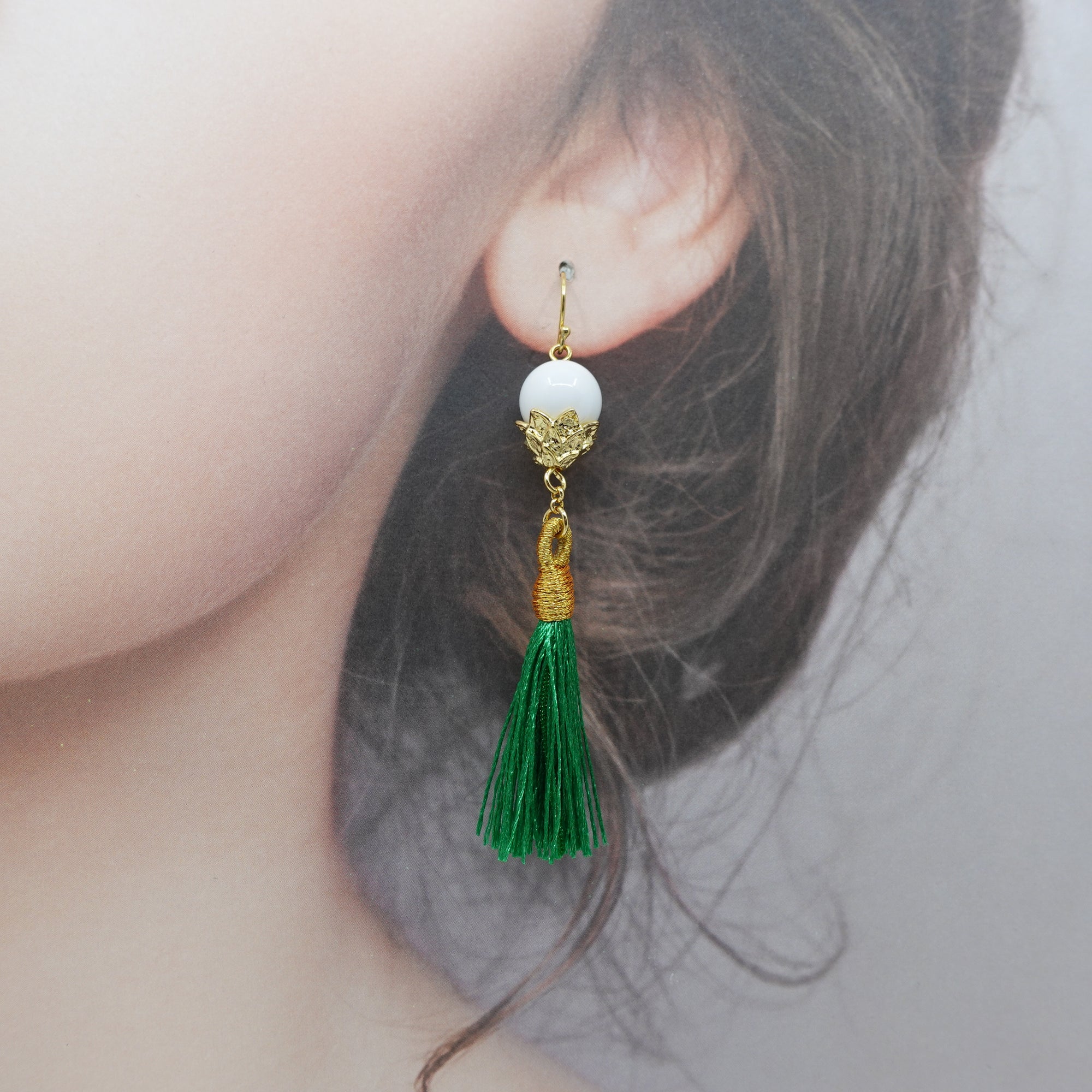 Little Lotus Silk Tassel Earrings - Green - Yun Boutique