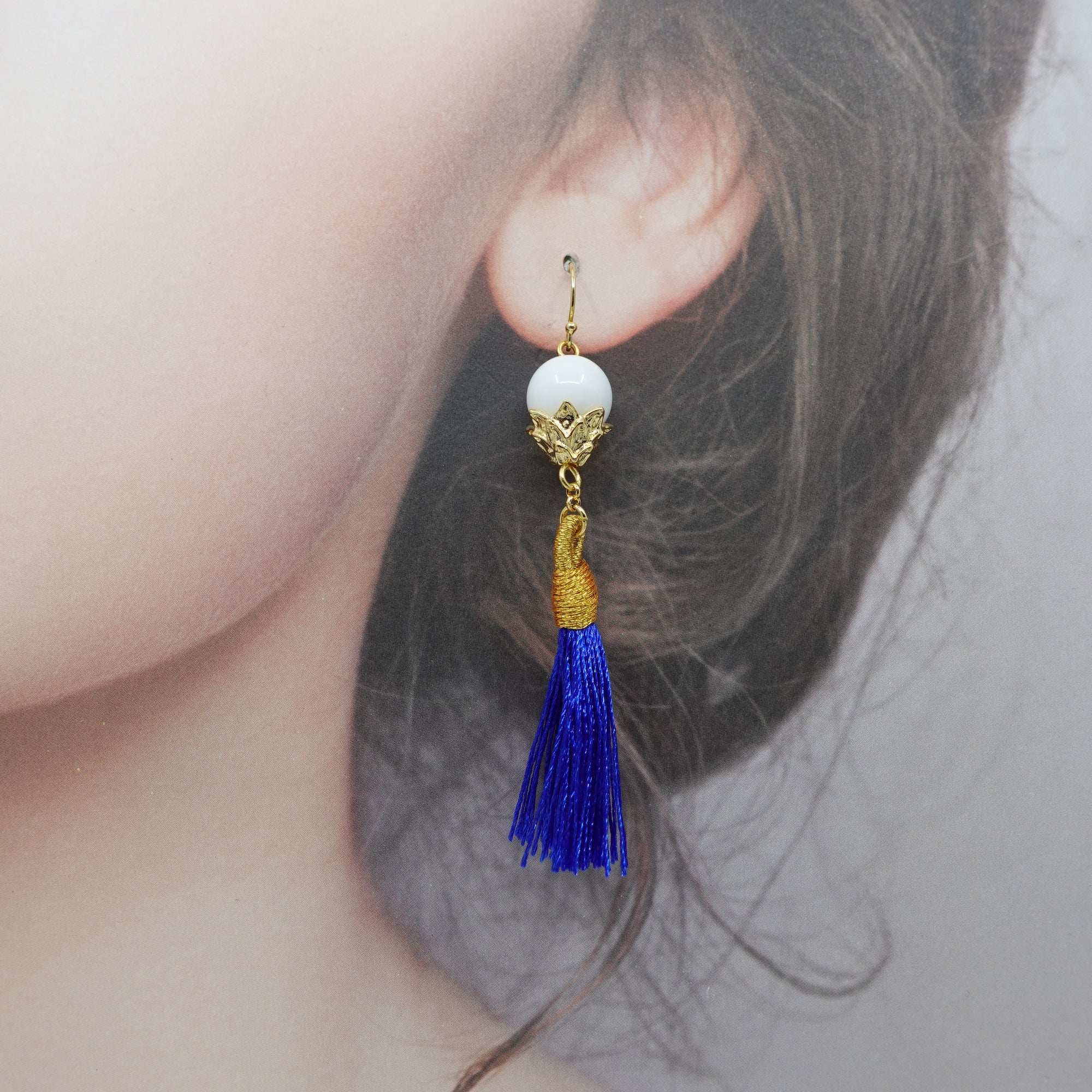 Little Lotus Silk Tassel Earrings - Royal Blue - Yun Boutique