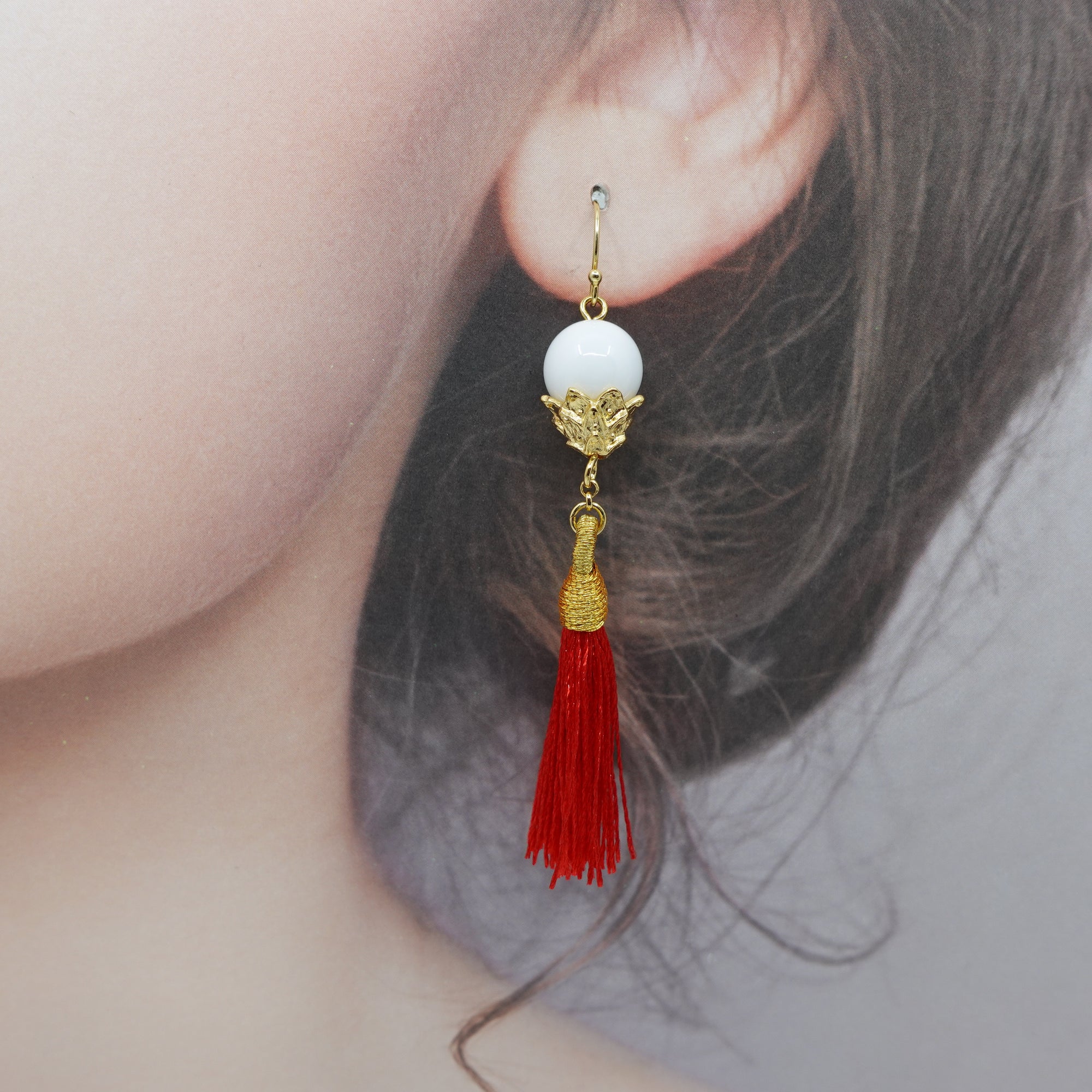 Little Lotus Silk Tassel Earrings - Red - Yun Boutique