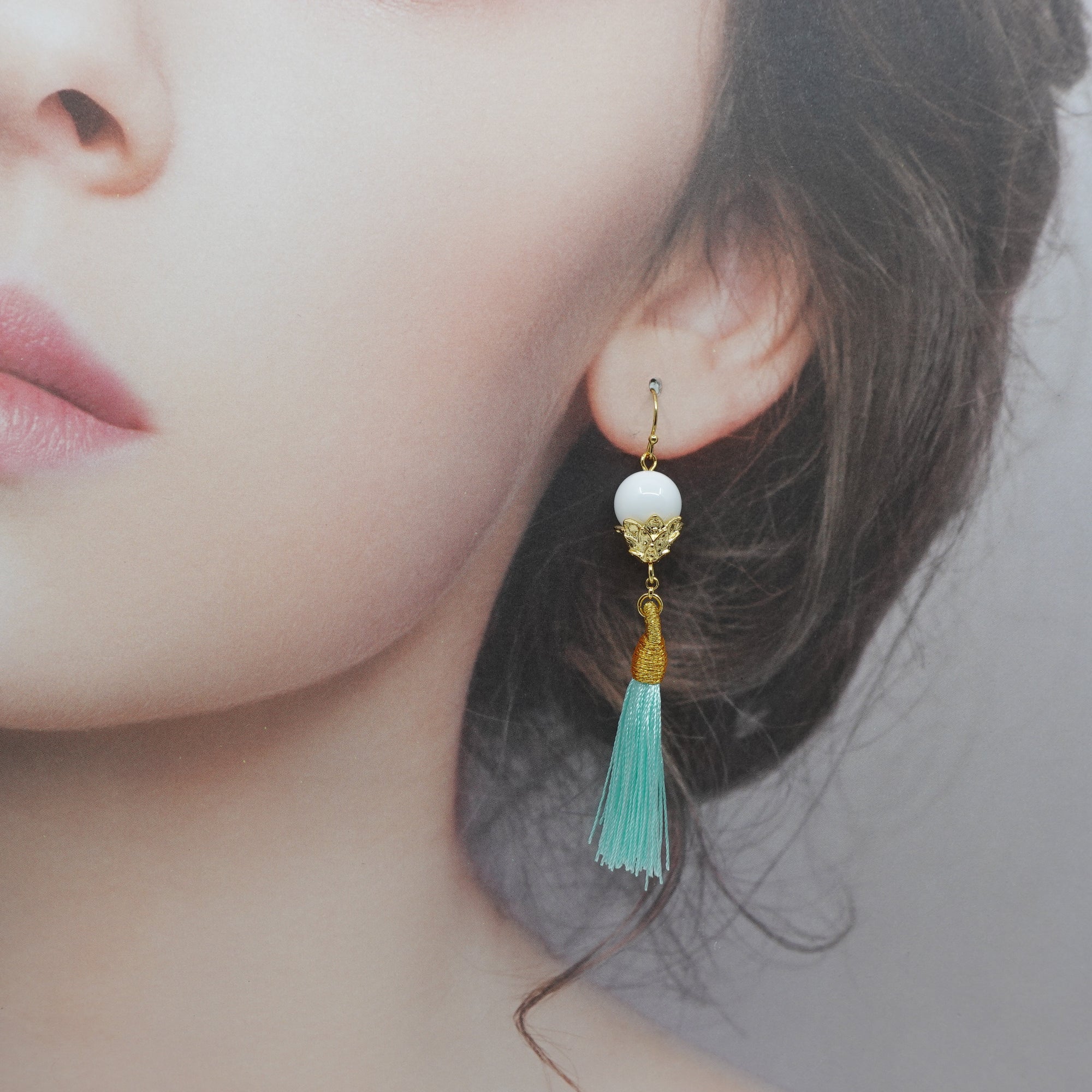 Little Lotus Silk Tassel Earrings - Mint Green - Yun Boutique