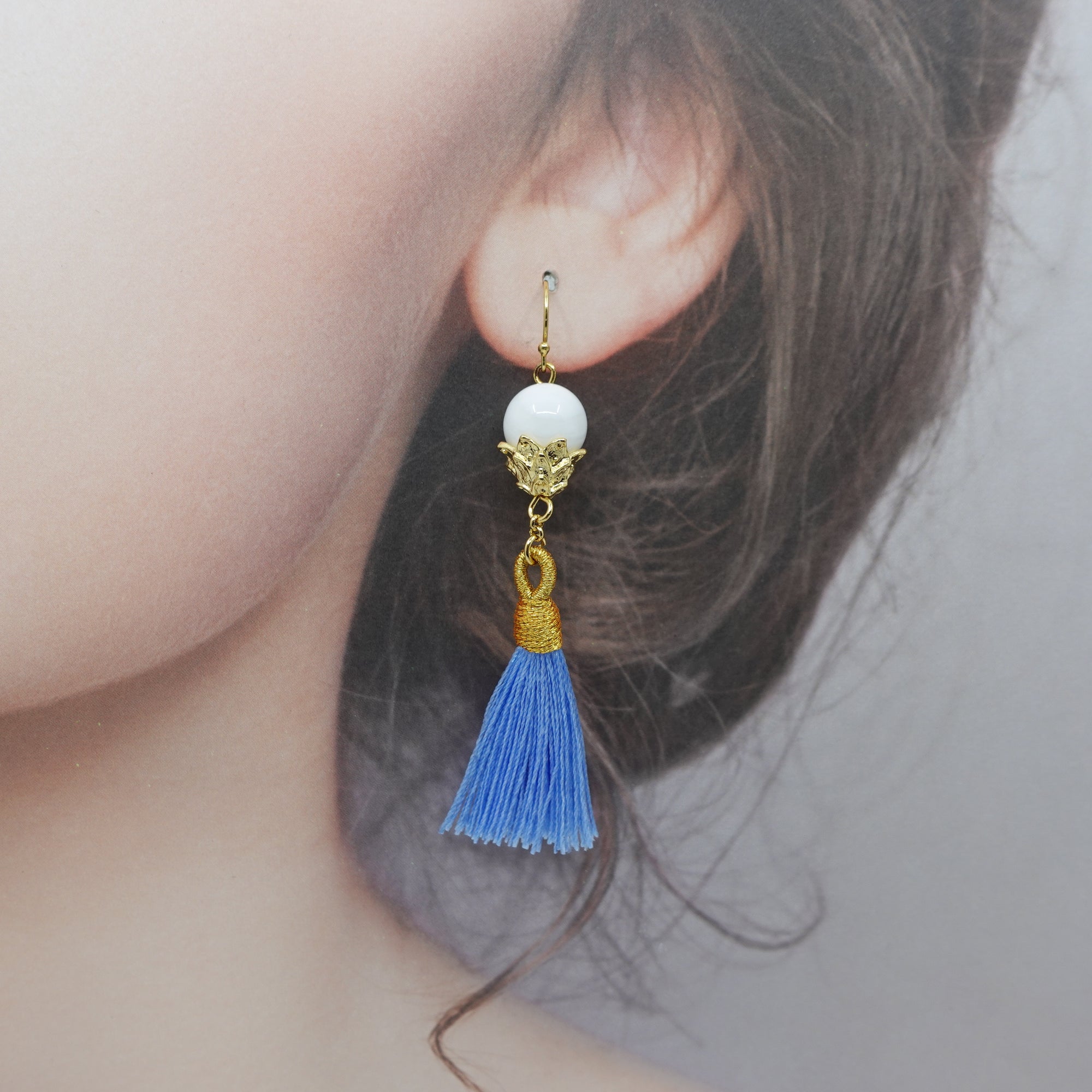 Little Lotus Silk Tassel Earrings - Sky Blue - Yun Boutique