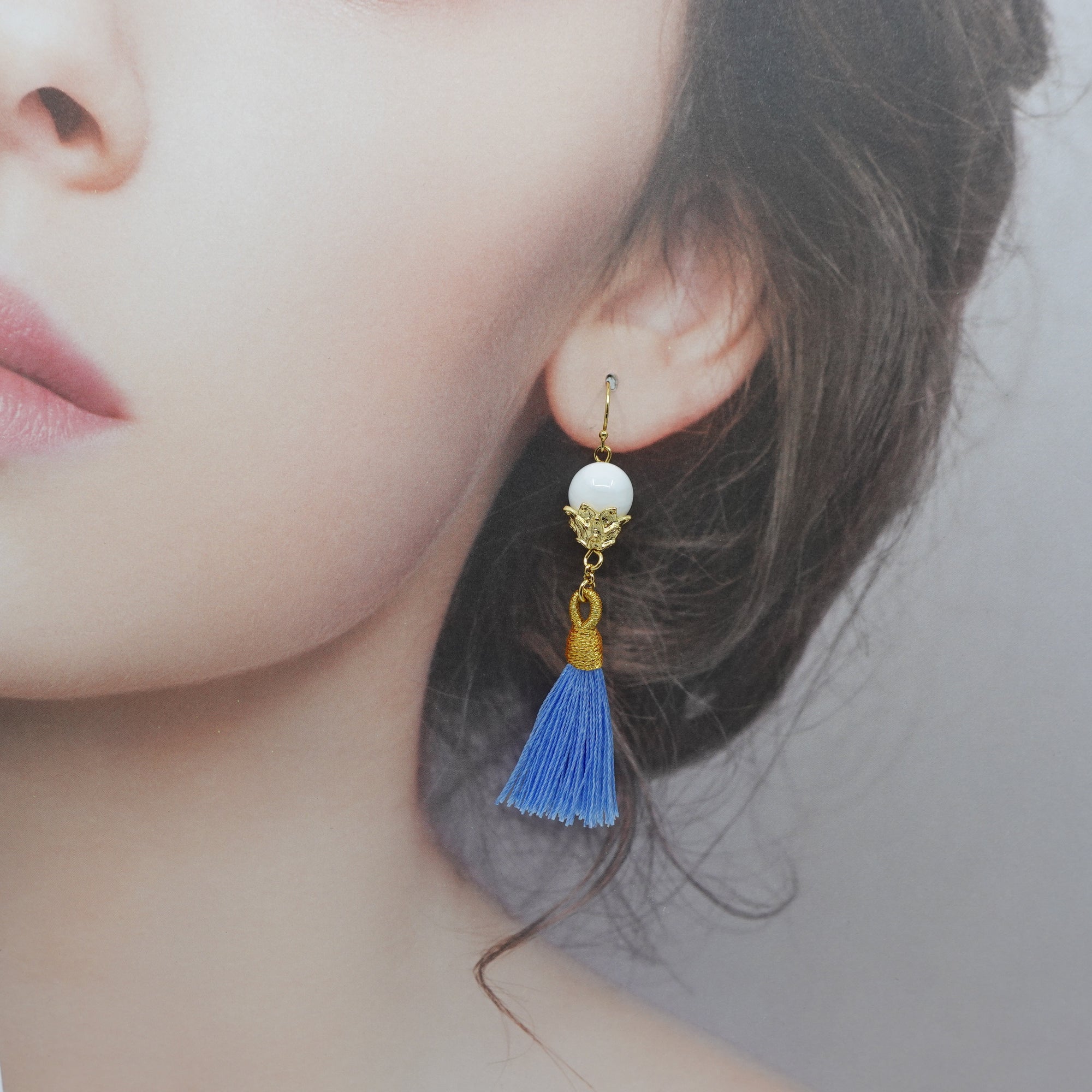 Little Lotus Silk Tassel Earrings - Sky Blue - Yun Boutique