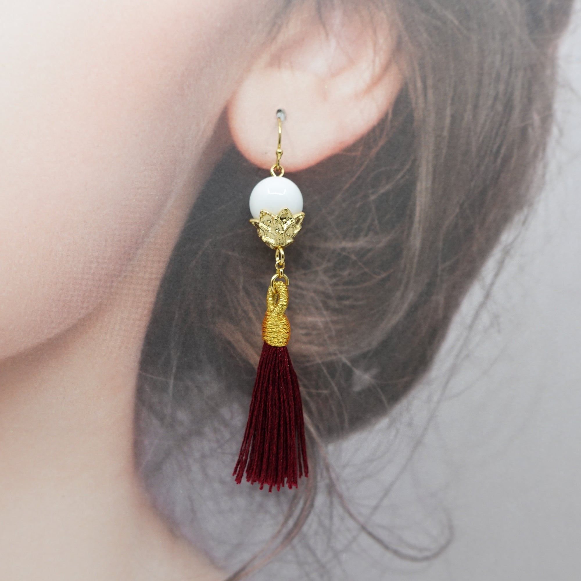 Little Lotus Silk Tassel Earrings - Red Brown - Yun Boutique