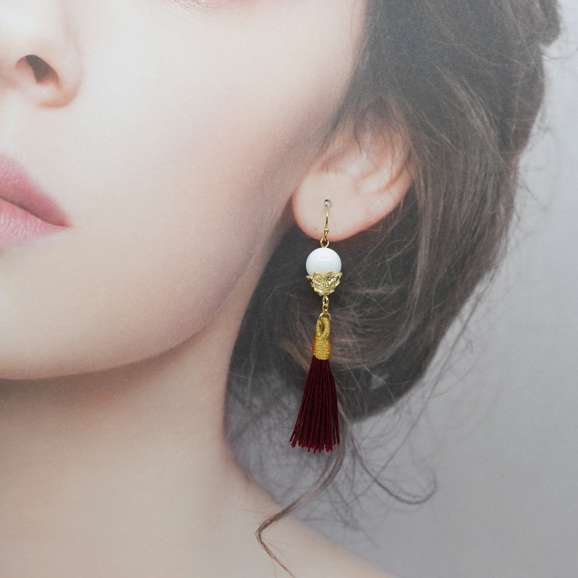 Little Lotus Silk Tassel Earrings - Red Brown - Yun Boutique