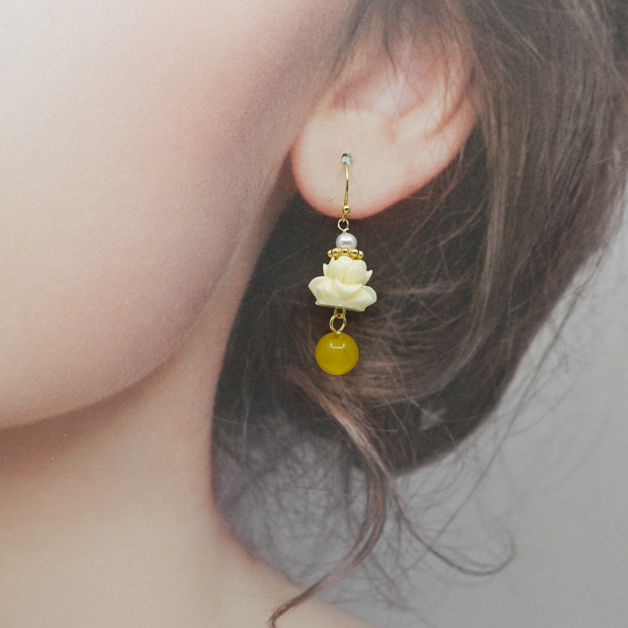 Coral Lotus Earrings - Yellow Jade - Yun Boutique