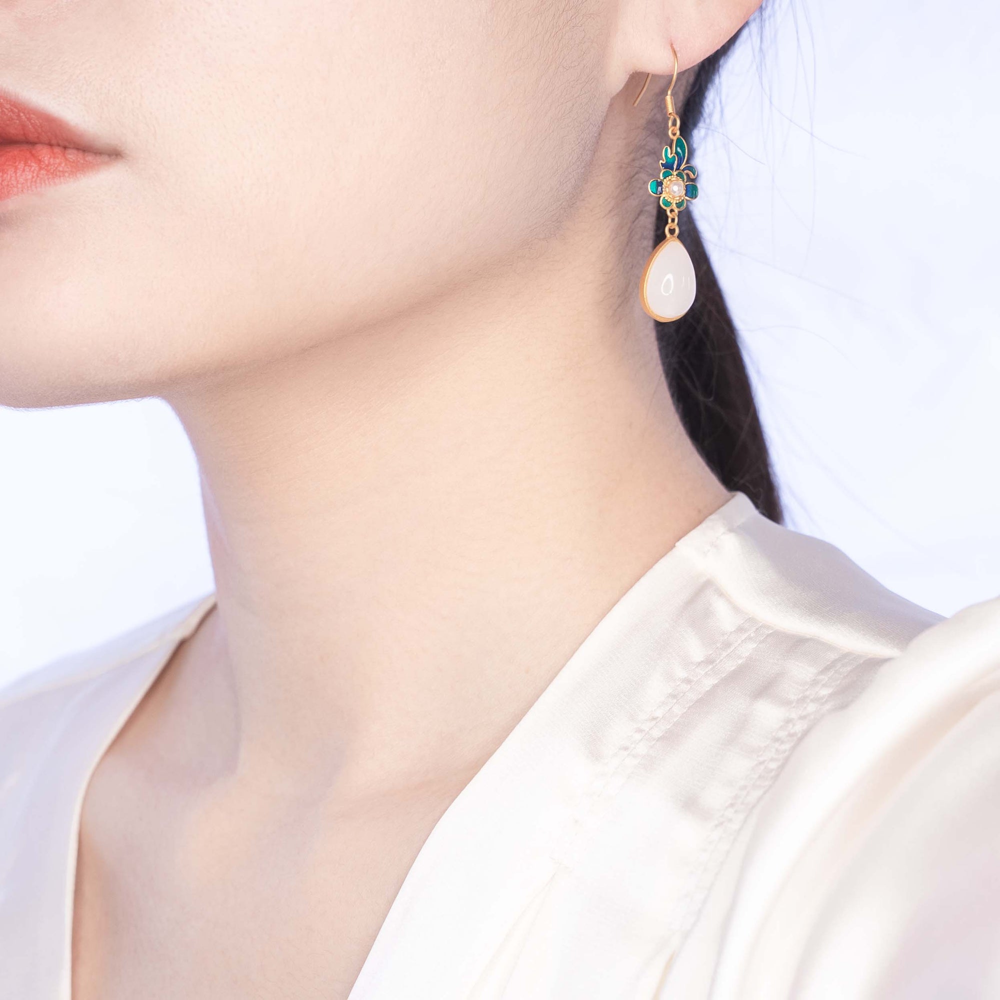 White Jade Enamel Orchid Flower Earrings - Yun Boutique