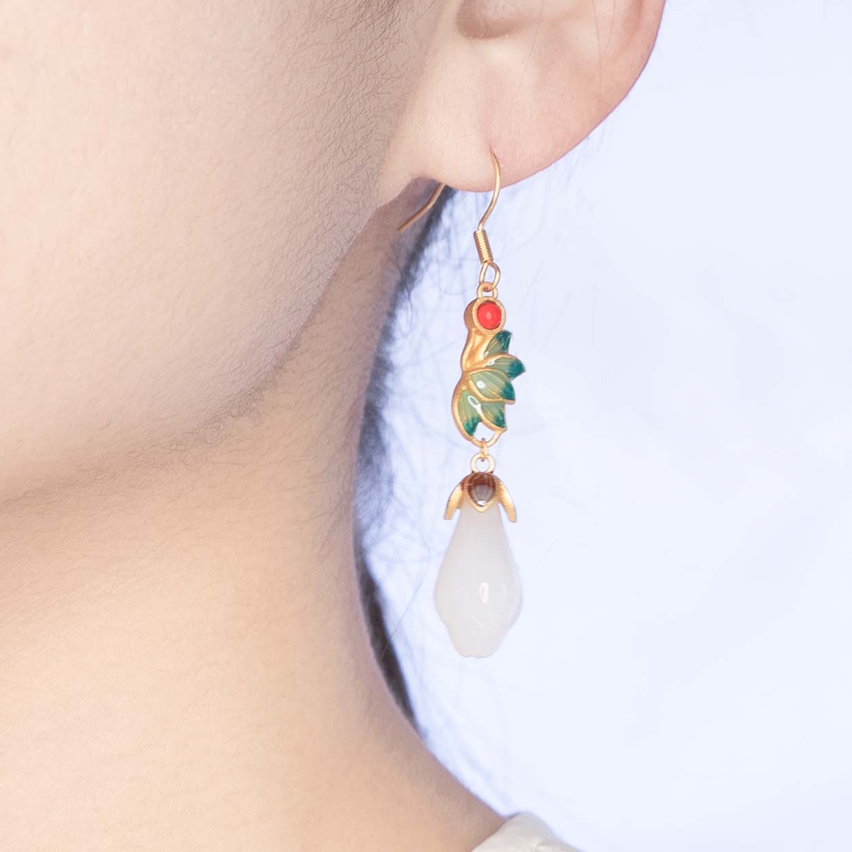 White Jade and Enamel Lotus Flower Earrings - Yun Boutique