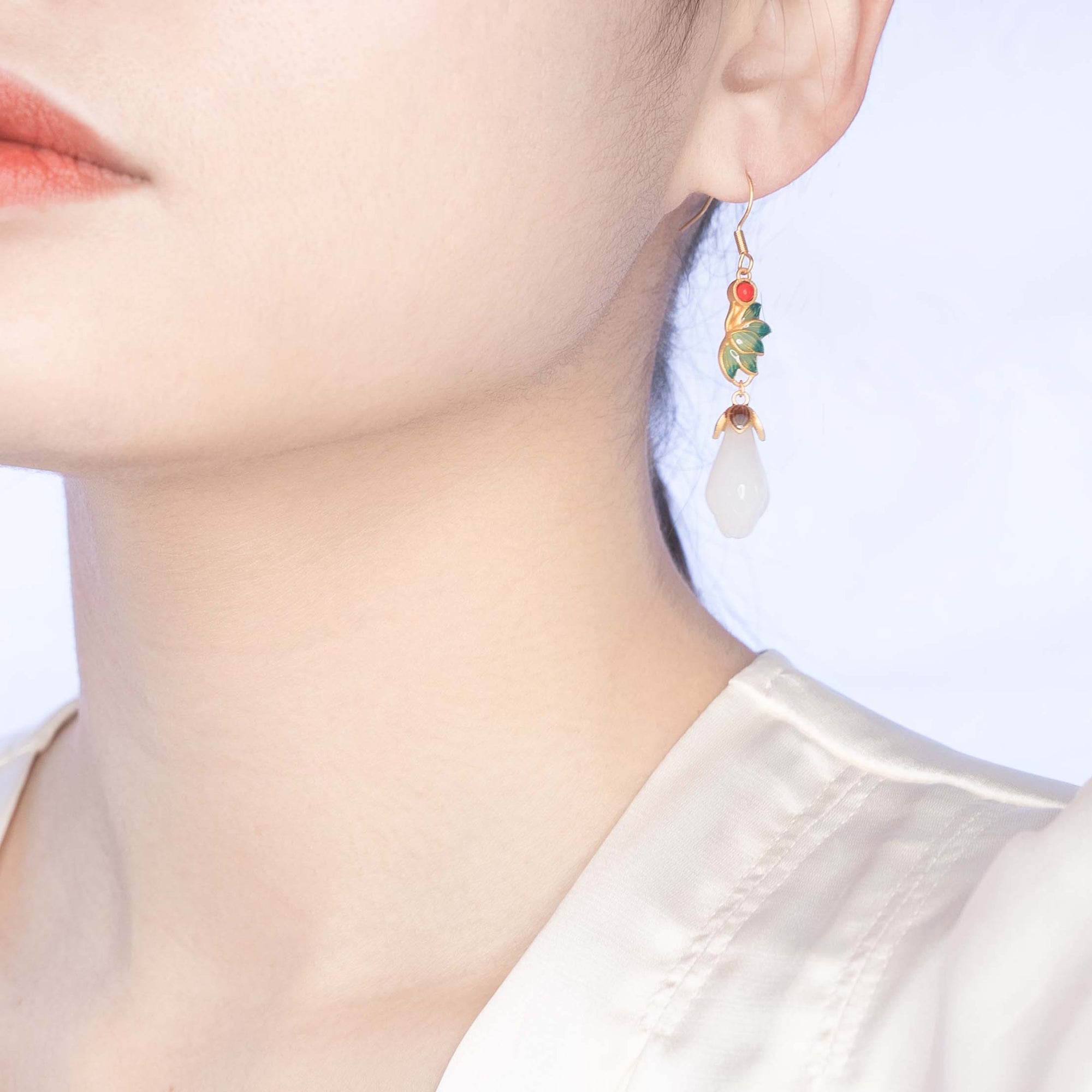 White Jade and Enamel Lotus Flower Earrings - Yun Boutique