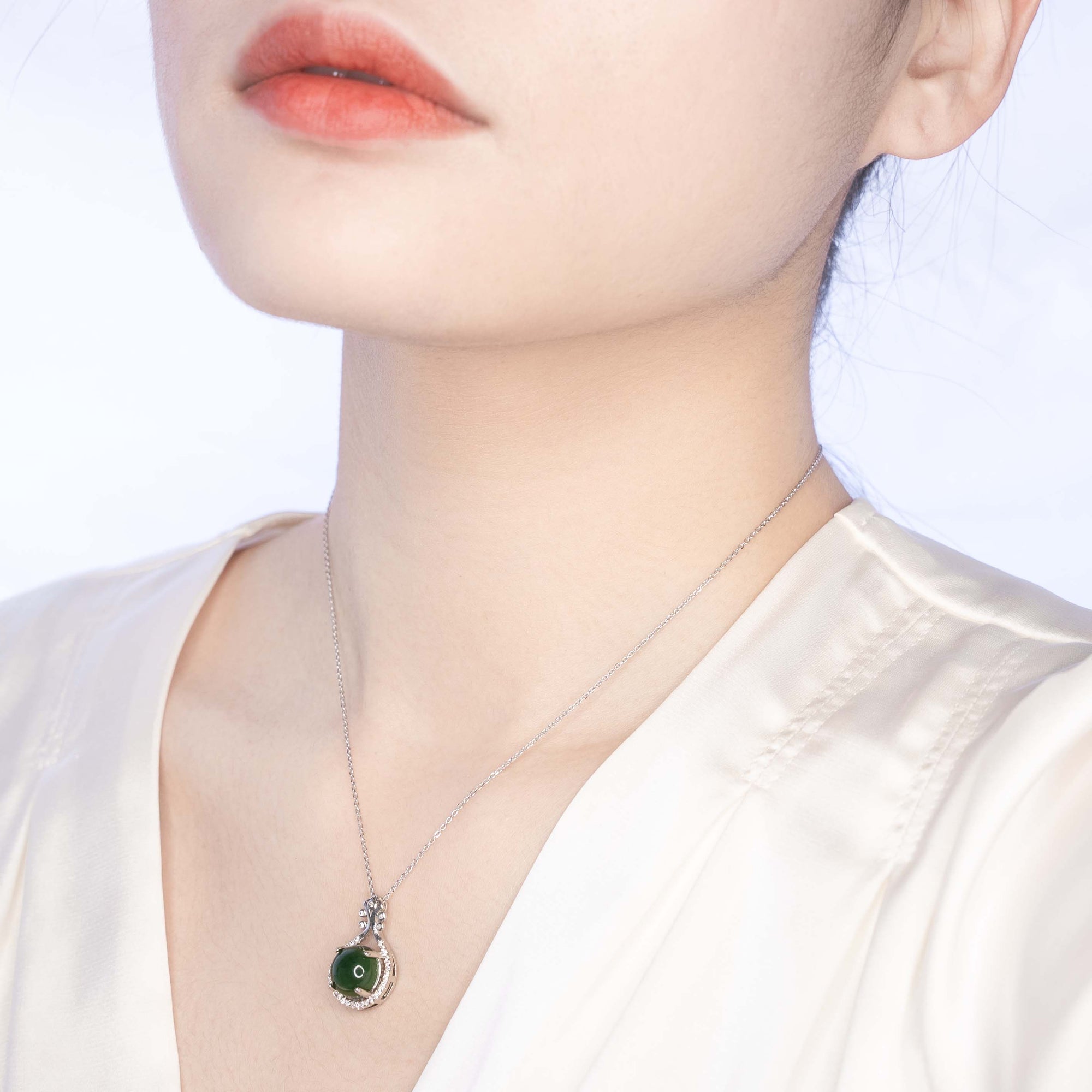 Pipa Green Hetian Nephrite Jade Necklace Silver