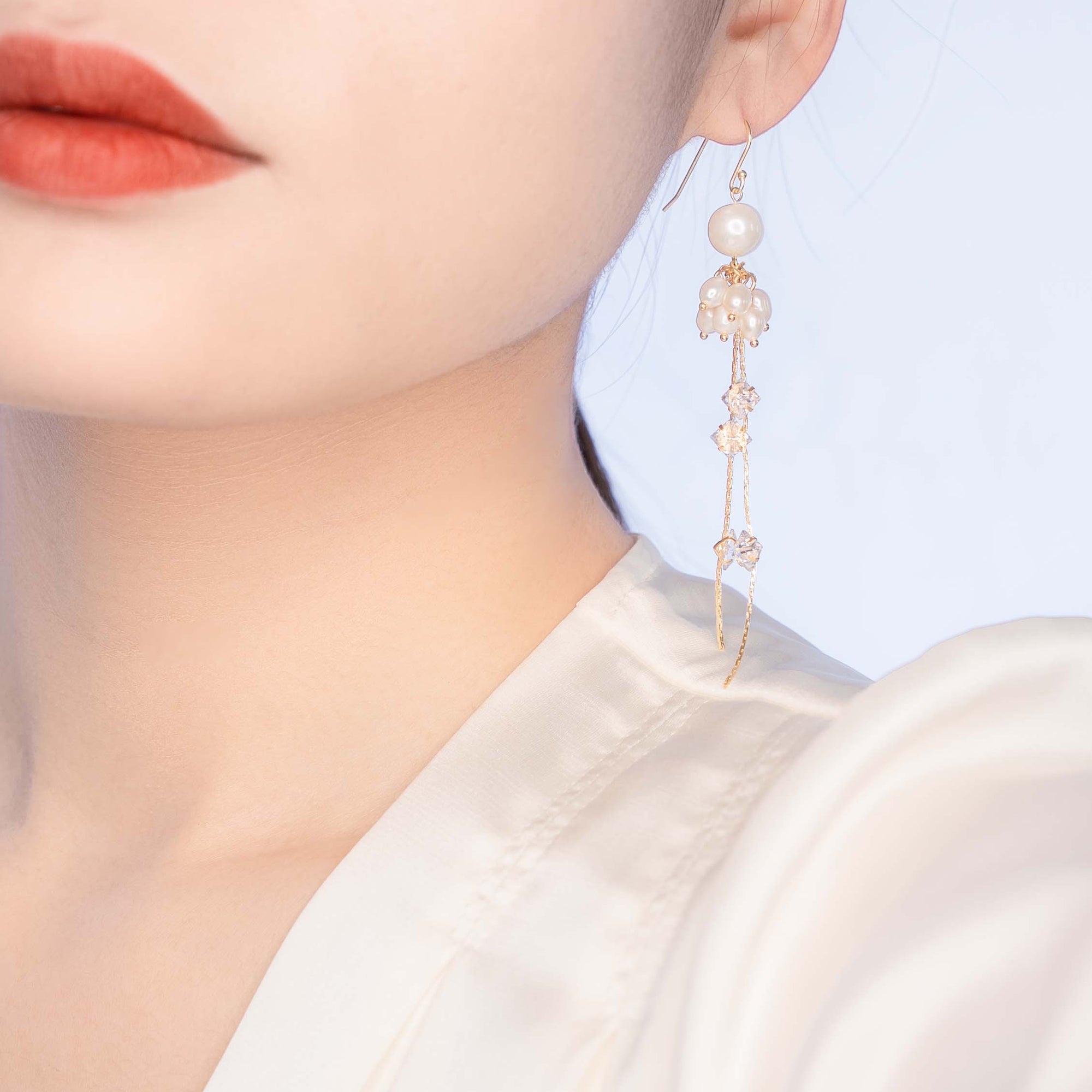 Gold Pearl Cluster Tassel Earrings