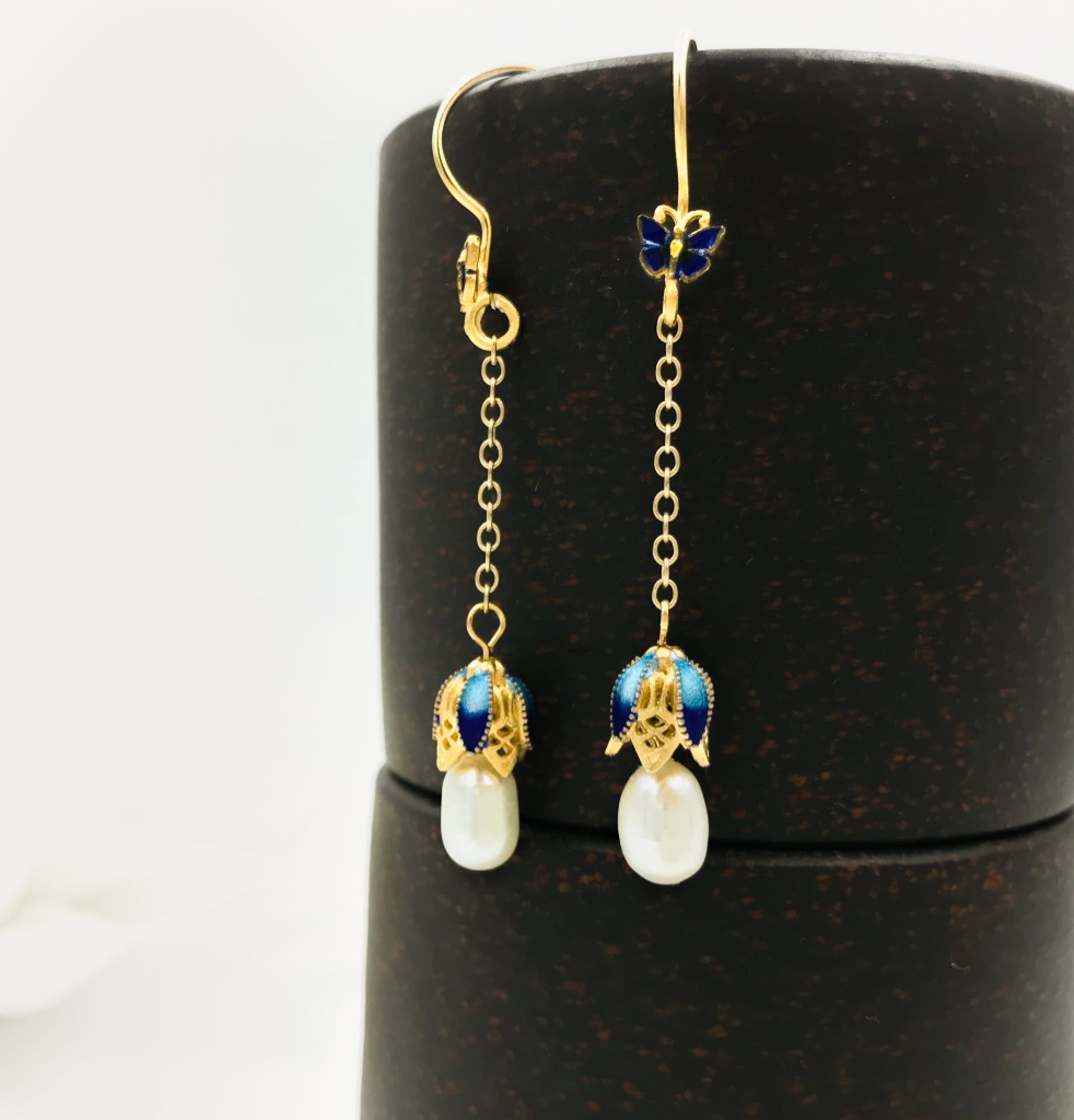 Butterfly and Flower Enamel Pearl Earrings