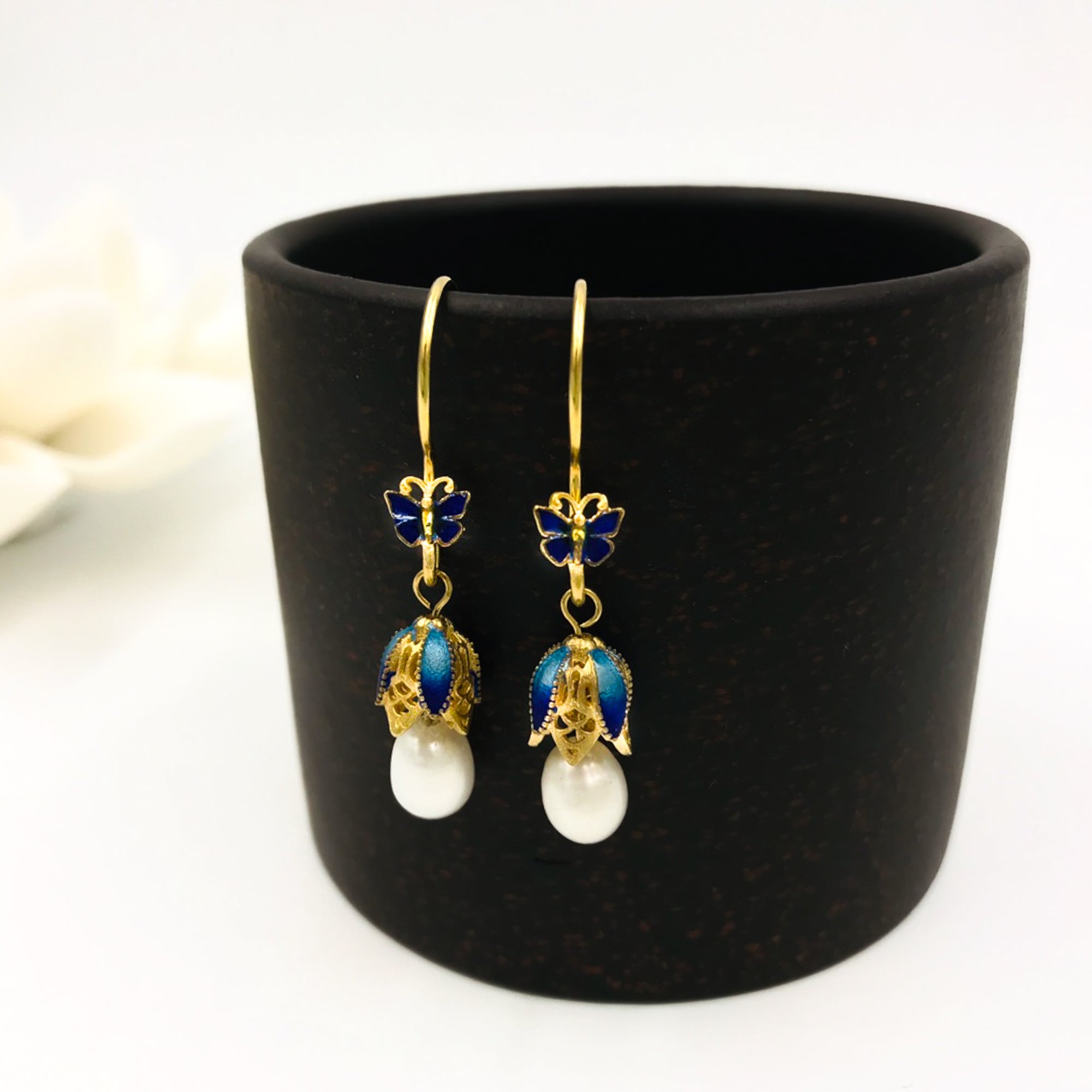 Butterfly and Flower Enamel Pearl Earrings - Yun Boutique