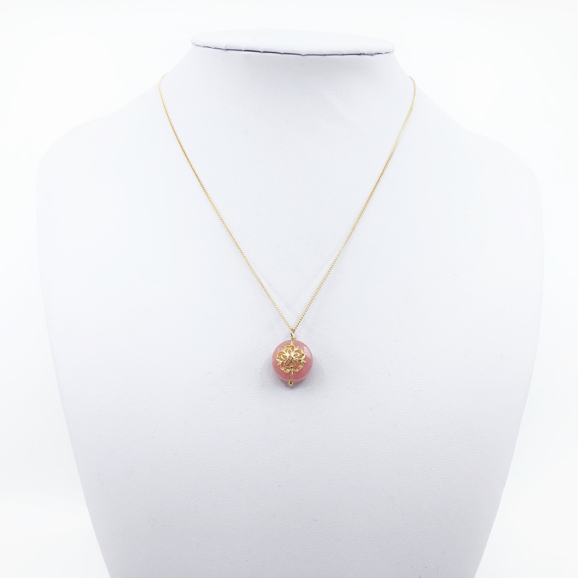 flower necklace, handmade necklace, pendant necklace, crystal necklace, gold filled necklace, plum blossom necklace, strawberry quartz necklace, quartz necklace, crystal pendant