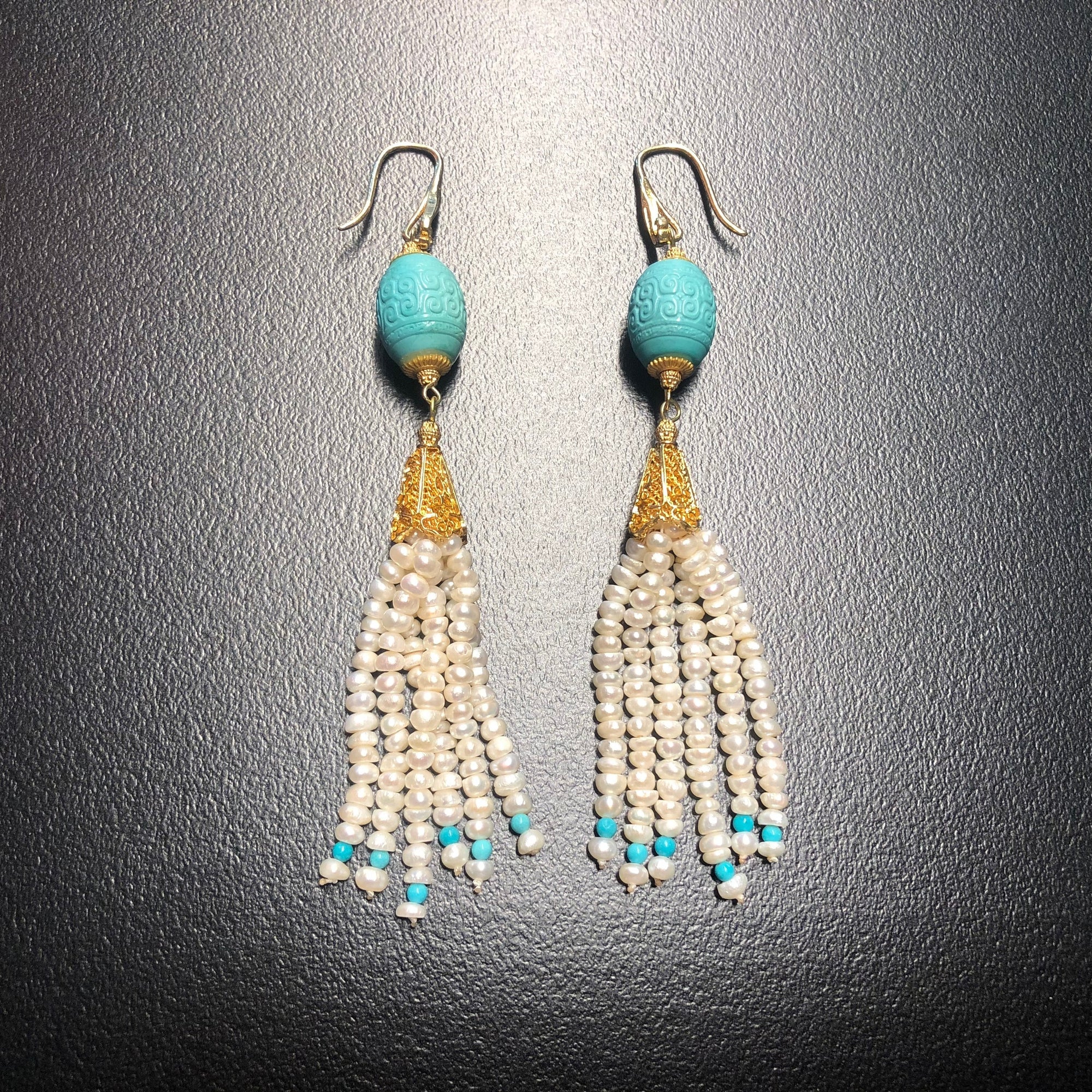 Auspicious Clouds Turquoise and Pearl Tassel Earrings - Yun Boutique