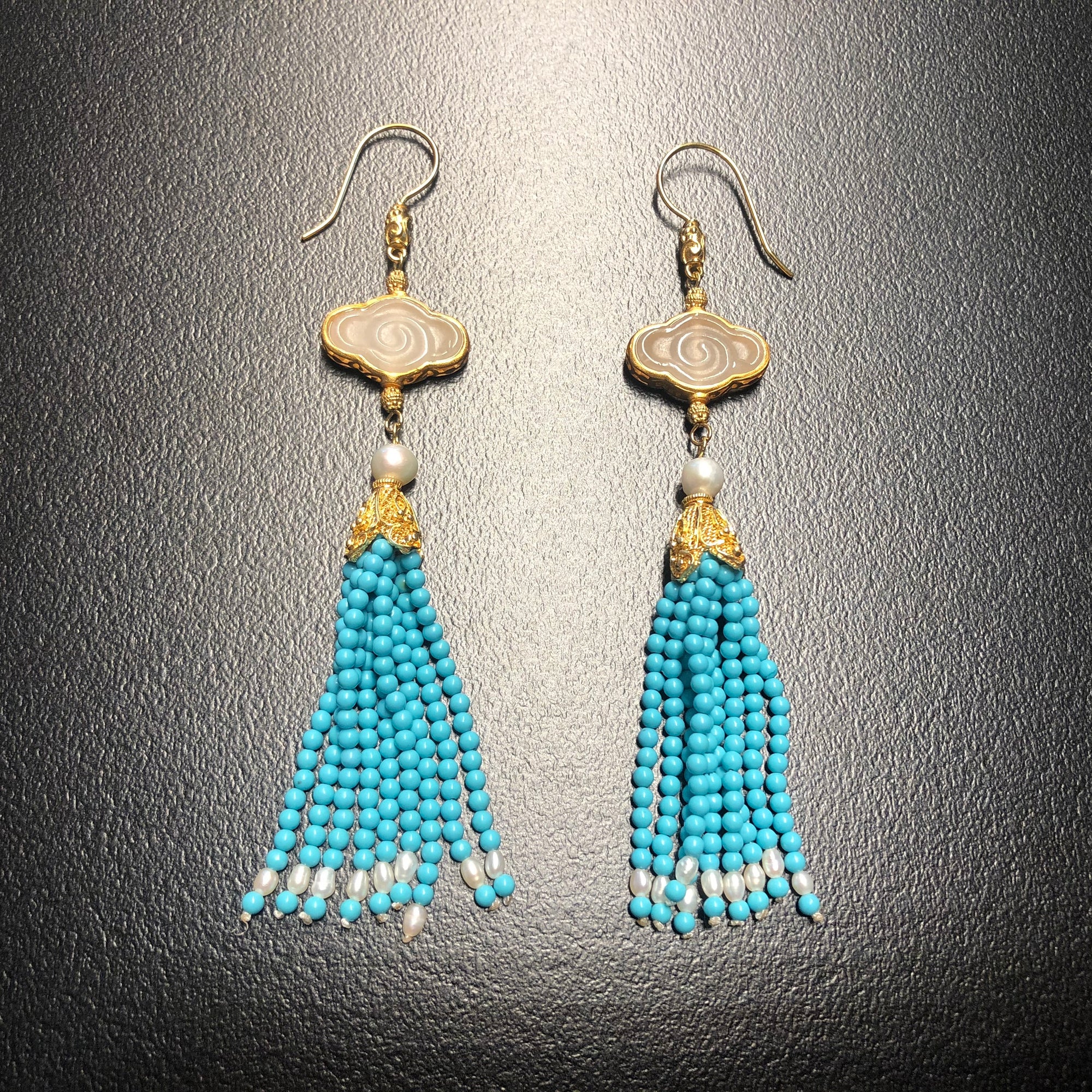 Auspicious Clouds Jade and Turquoise Tassel Earrings - Yun Boutique