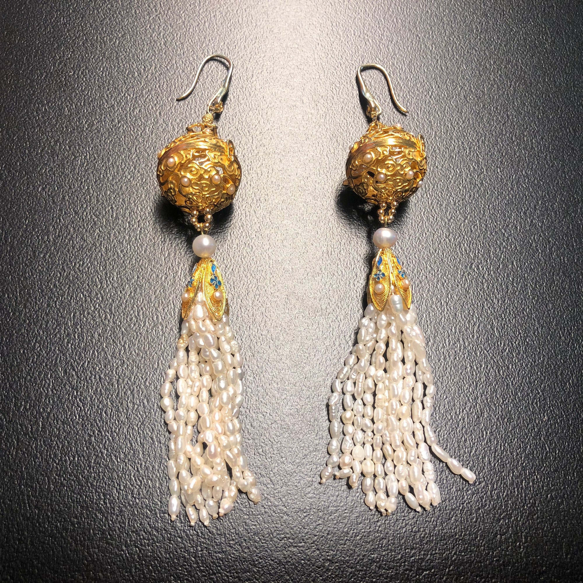 Auspicious Clouds Locket Ball and Pearl Tassel Earrings - Yun Boutique