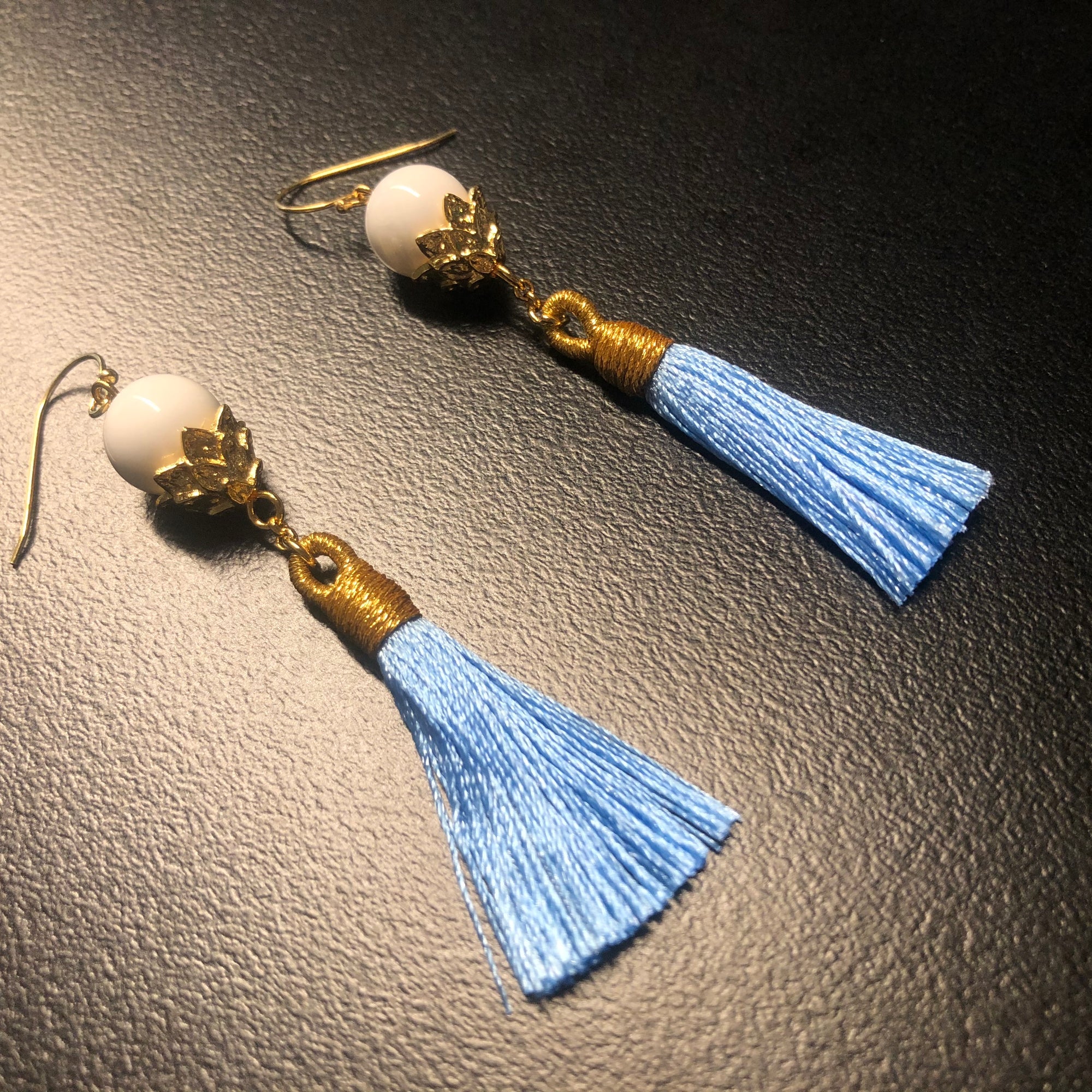 Little Lotus Silk Tassel Earrings - Sky Blue - Yun Boutique