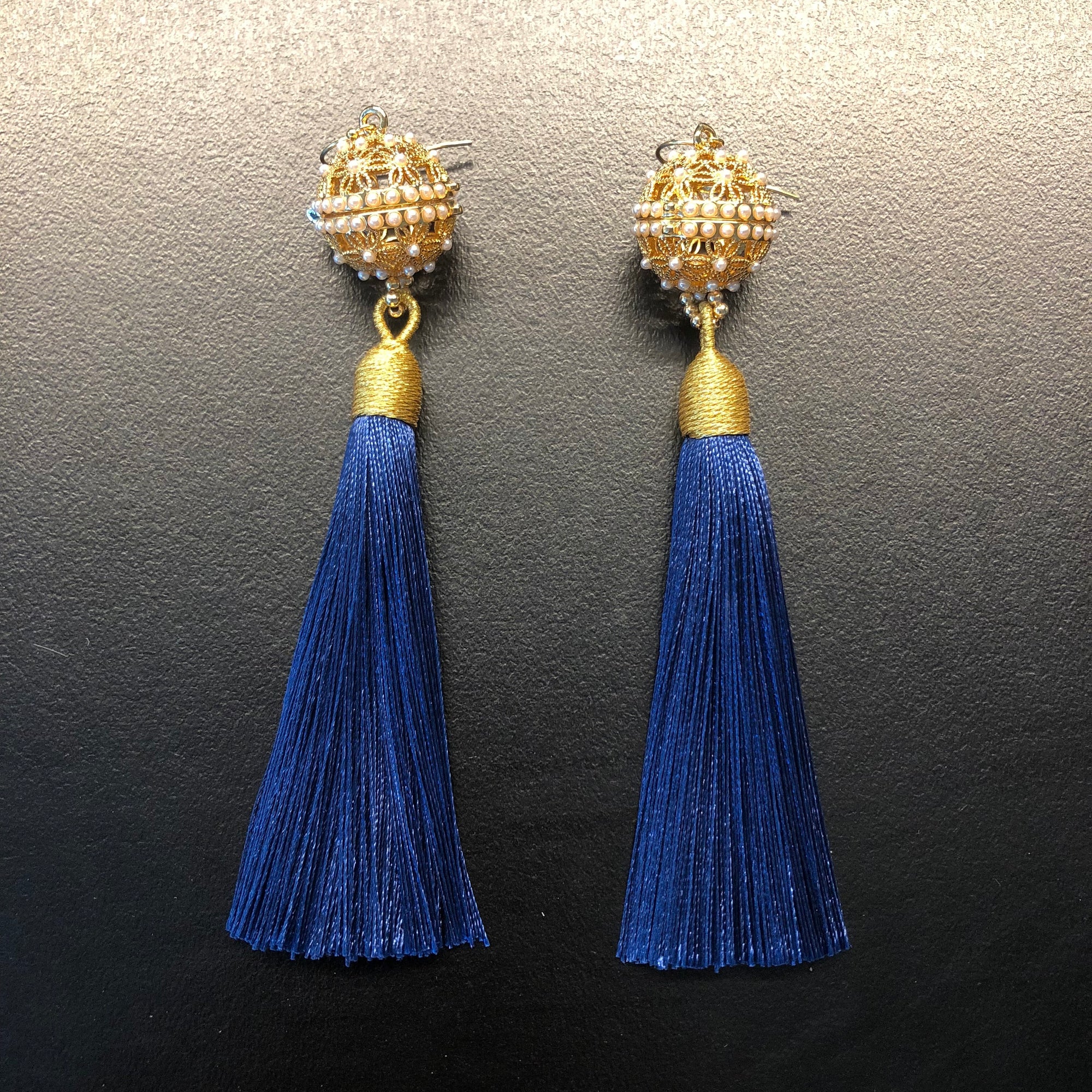 Herbal Locket Silk Tassel Earrings - Navy Blue - Yun Boutique