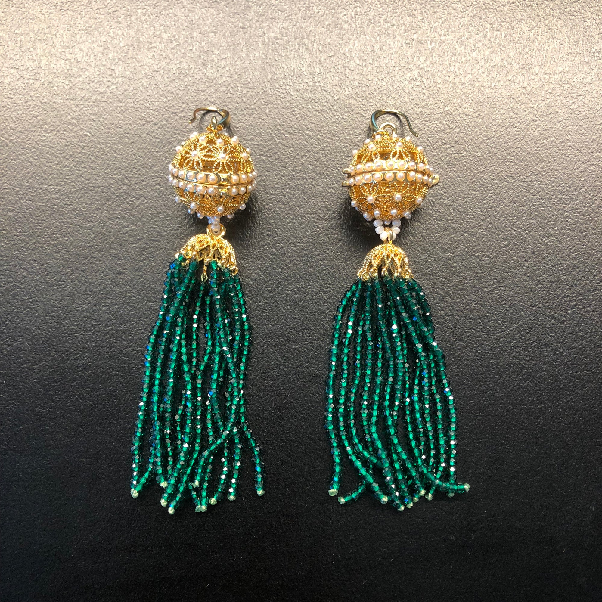 Herbal Locket Crystal Tassel Earrings - Emerald Zirconia - Yun Boutique