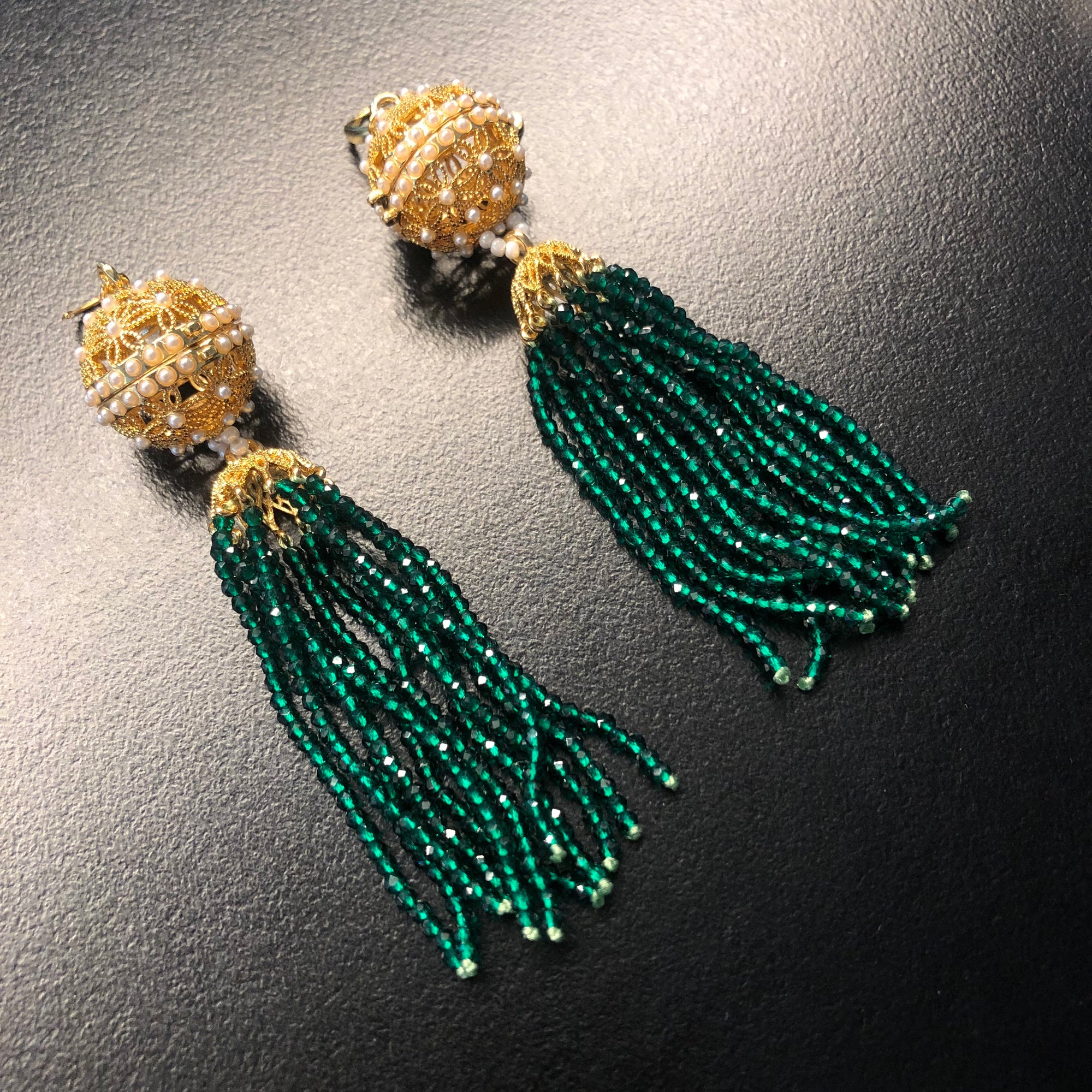 Herbal Locket Crystal Tassel Earrings - Emerald Zirconia - Yun Boutique