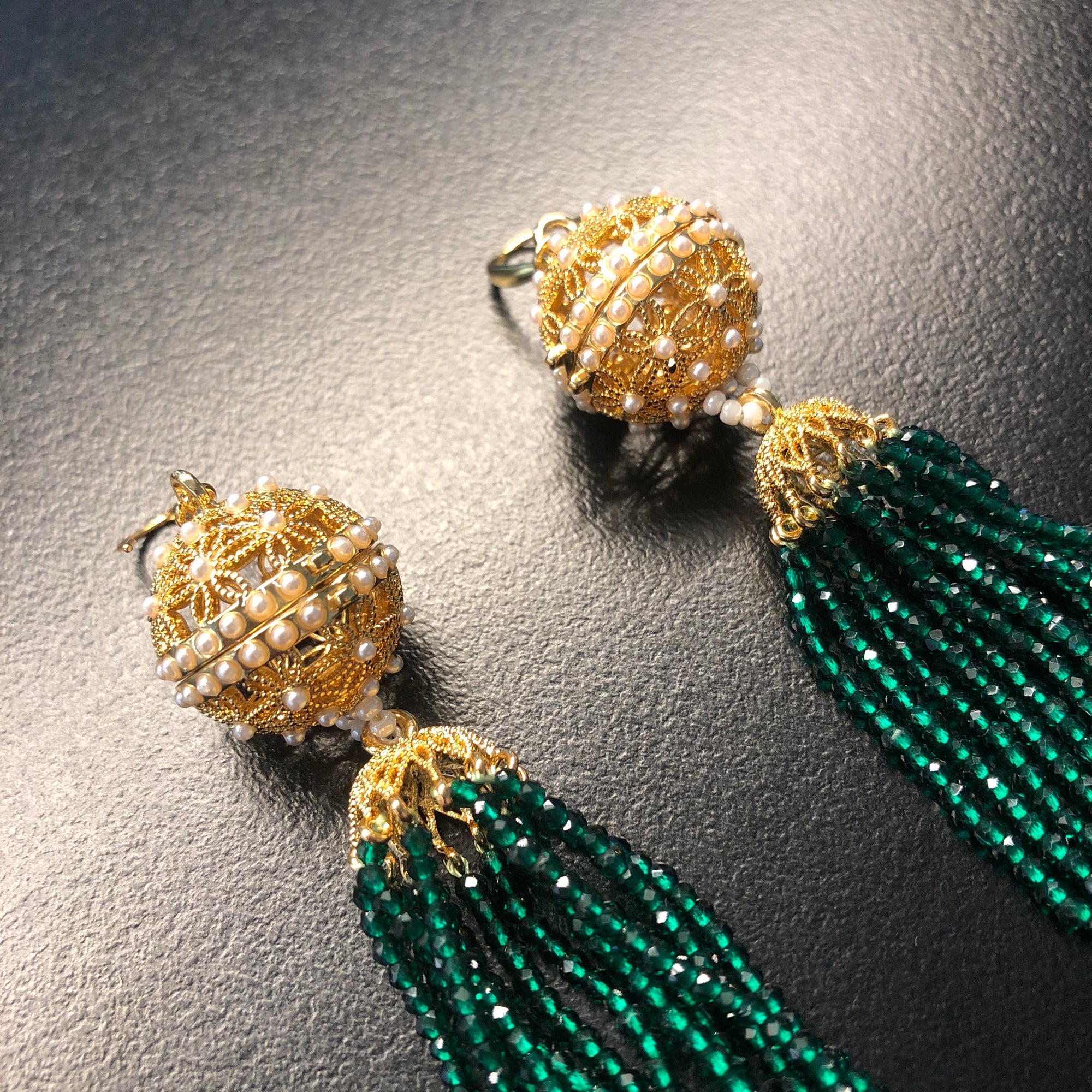 Herbal Locket Crystal Tassel Earrings - Emerald Zirconia - Yun Boutique