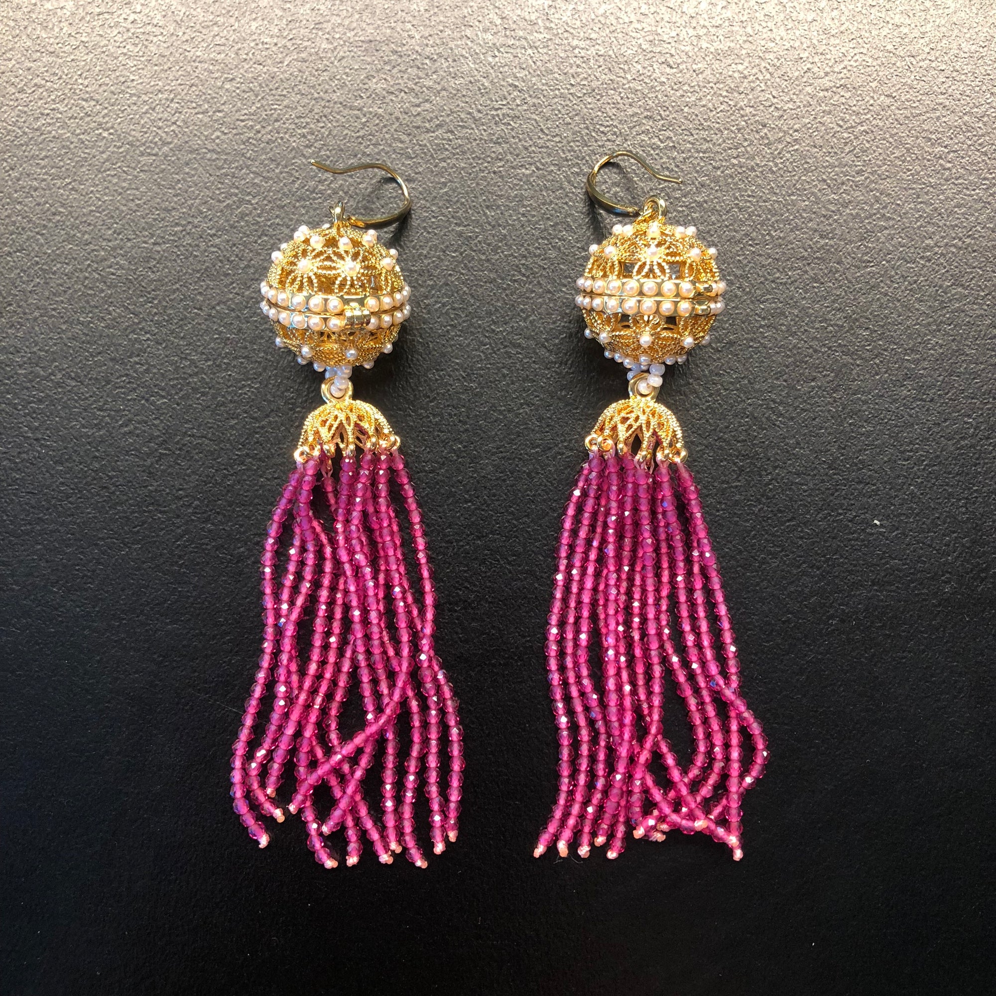 Herbal Locket Crystal Tassel Earrings - Fuchsia Zirconia - Yun Boutique