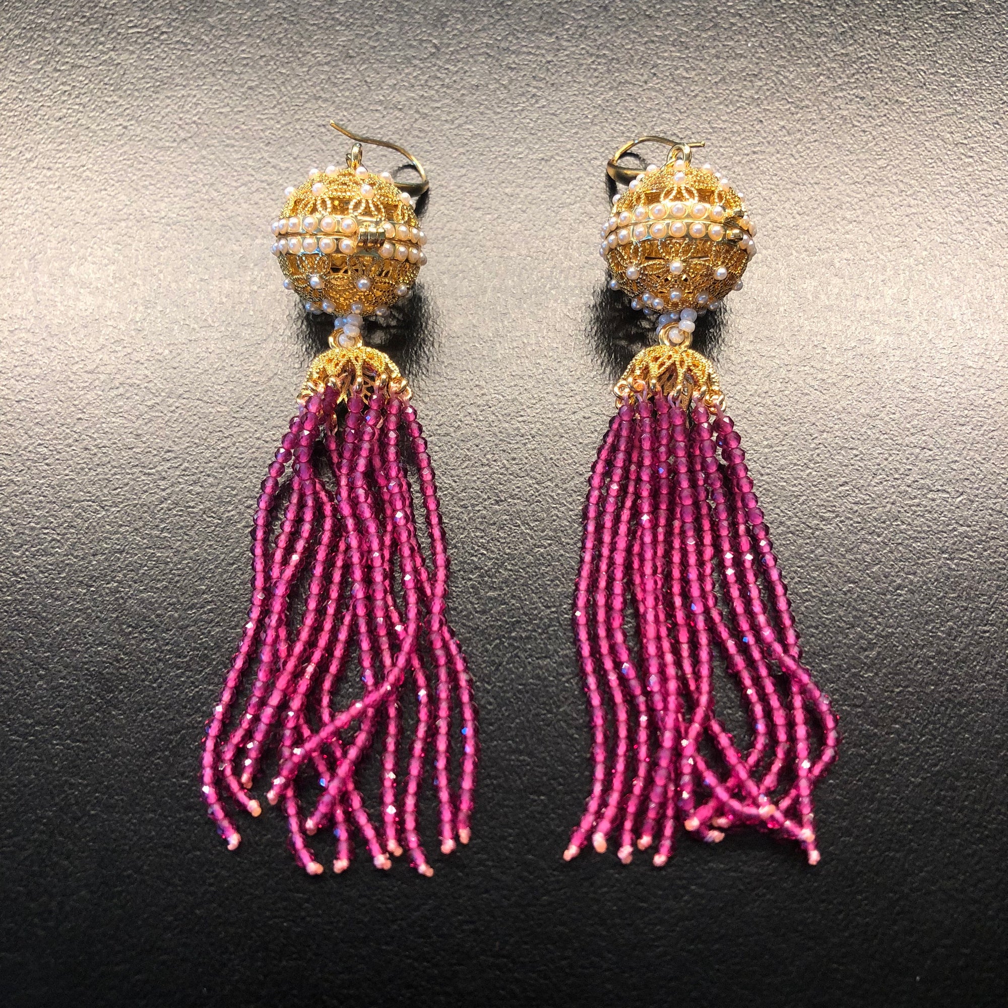 Herbal Locket Crystal Tassel Earrings - Fuchsia Zirconia - Yun Boutique