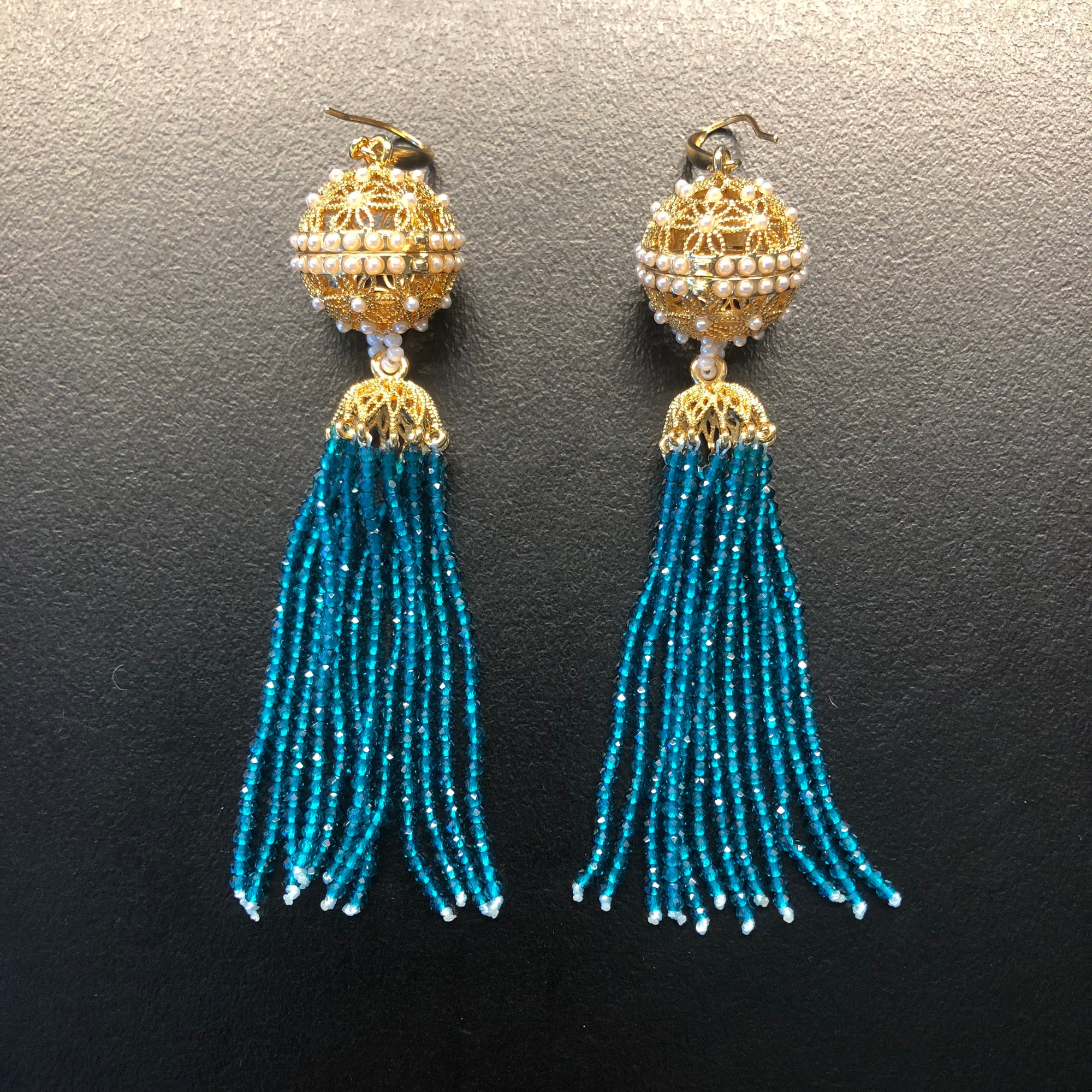 Herbal Locket Crystal Tassel Earrings - Peacock Blue Zirconia - Yun Boutique