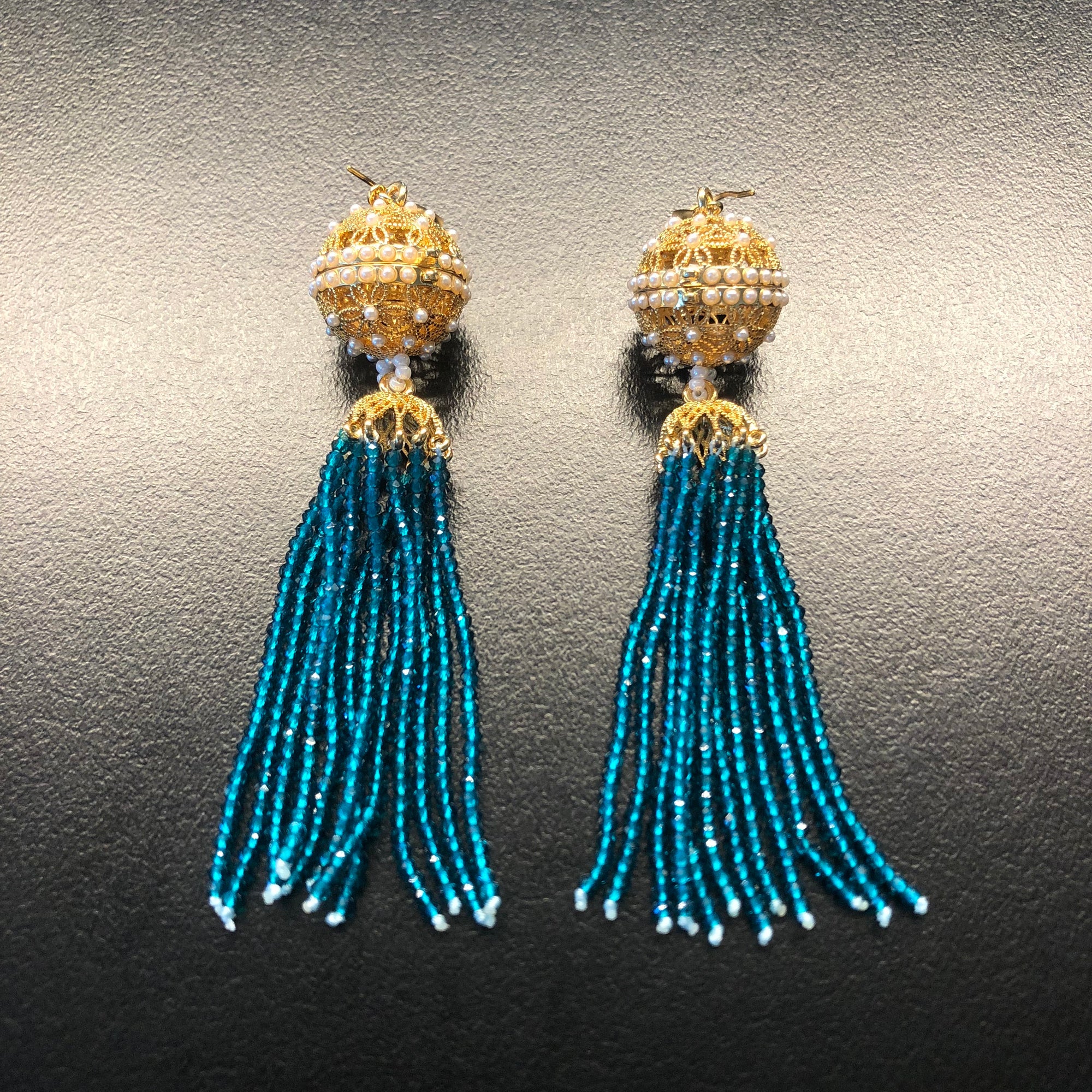 Herbal Locket Crystal Tassel Earrings - Peacock Blue Zirconia - Yun Boutique