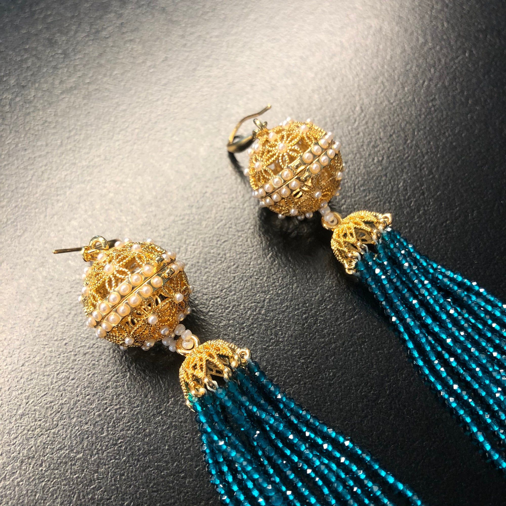 Herbal Locket Crystal Tassel Earrings - Peacock Blue Zirconia - Yun Boutique