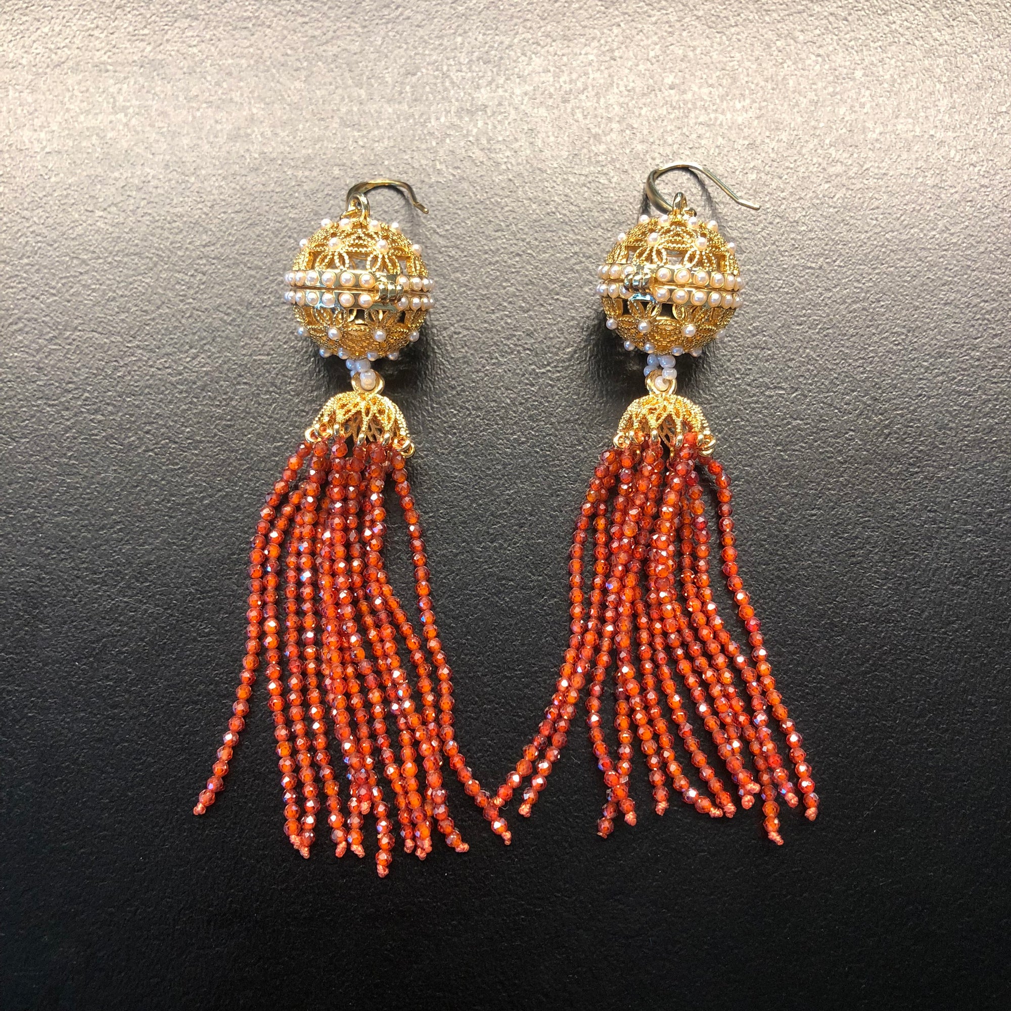 Herbal Locket Crystal Tassel Earrings - Carnelian Zirconia - Yun Boutique