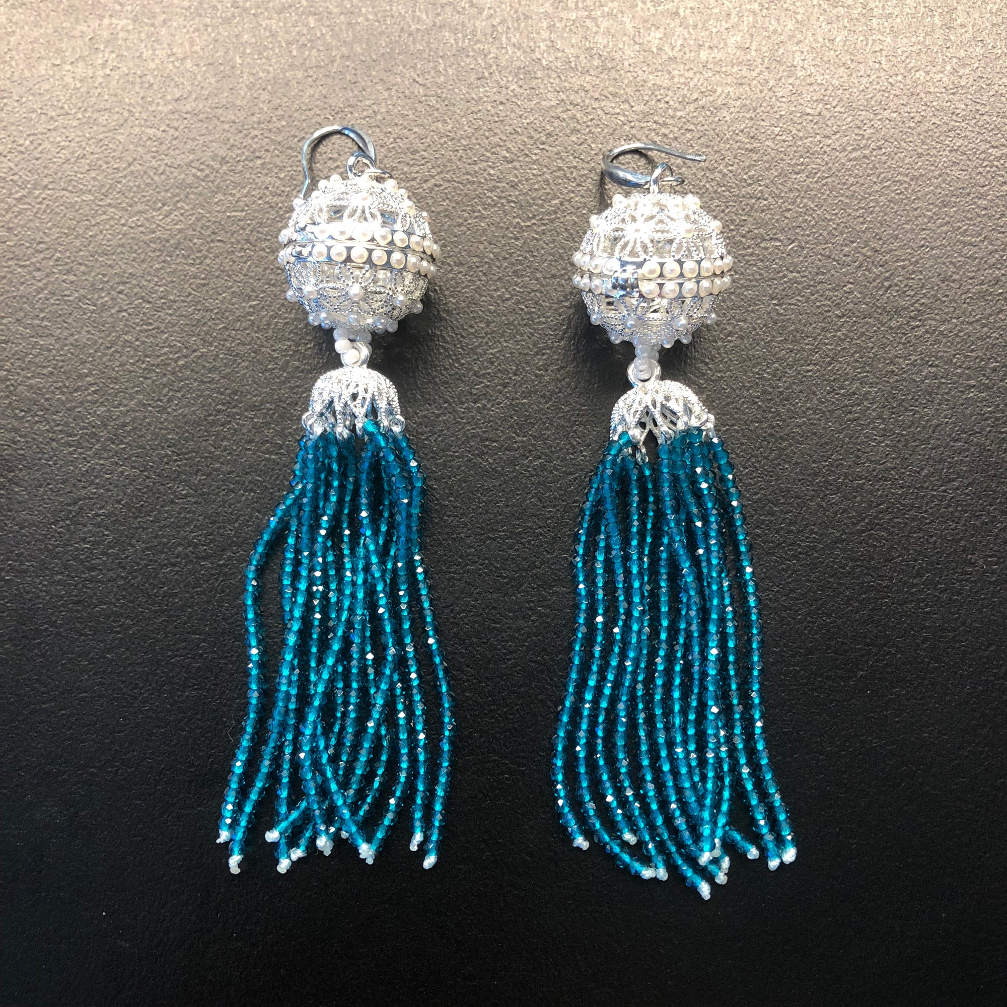 Herbal Locket Crystal Tassel Earrings - Peacock Blue Zirconia - Yun Boutique