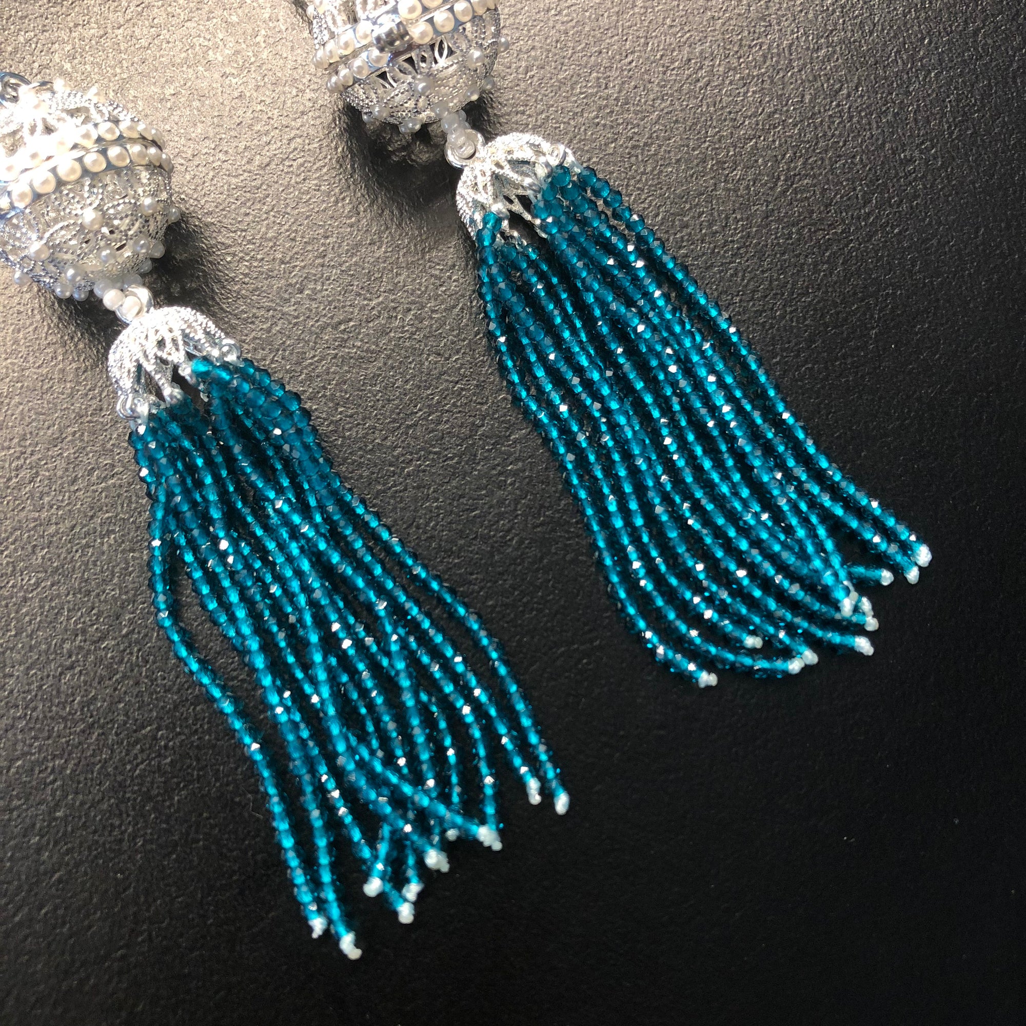 Herbal Locket Crystal Tassel Earrings - Peacock Blue Zirconia - Yun Boutique