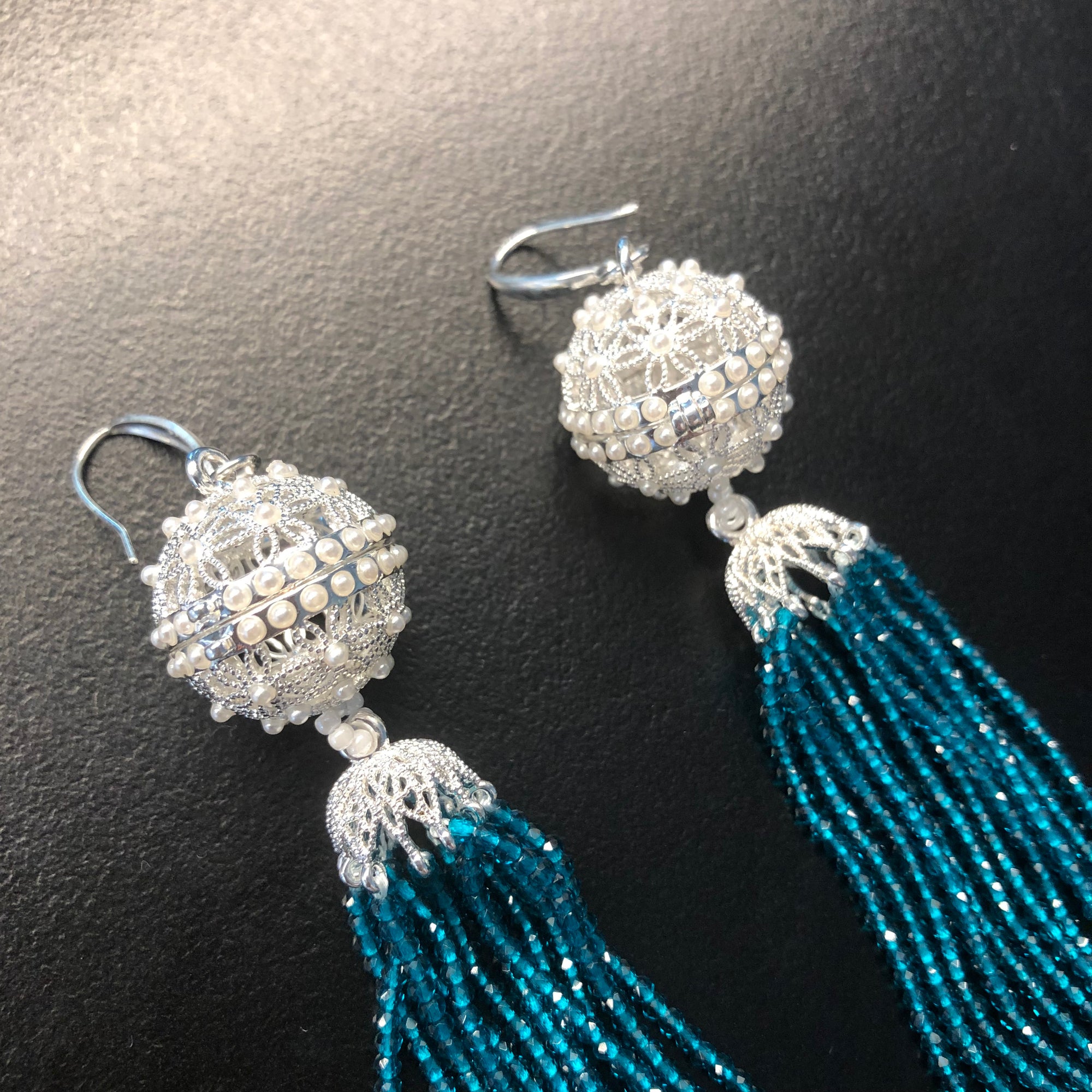 Herbal Locket Crystal Tassel Earrings - Peacock Blue Zirconia - Yun Boutique