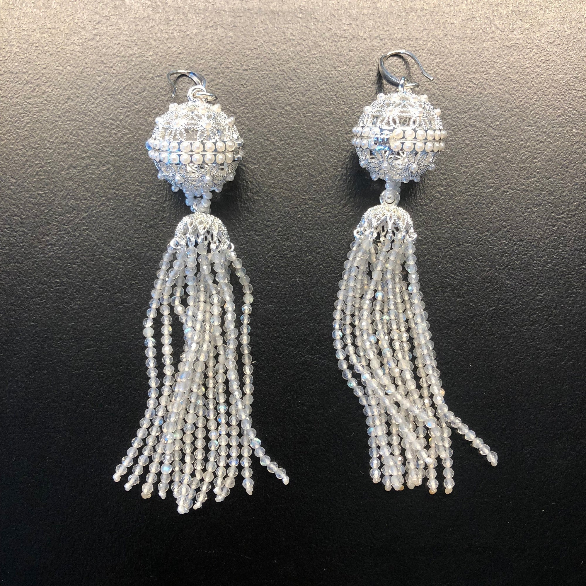 Herbal Locket Crystal Tassel Earrings - Grey Moonstone - Yun Boutique