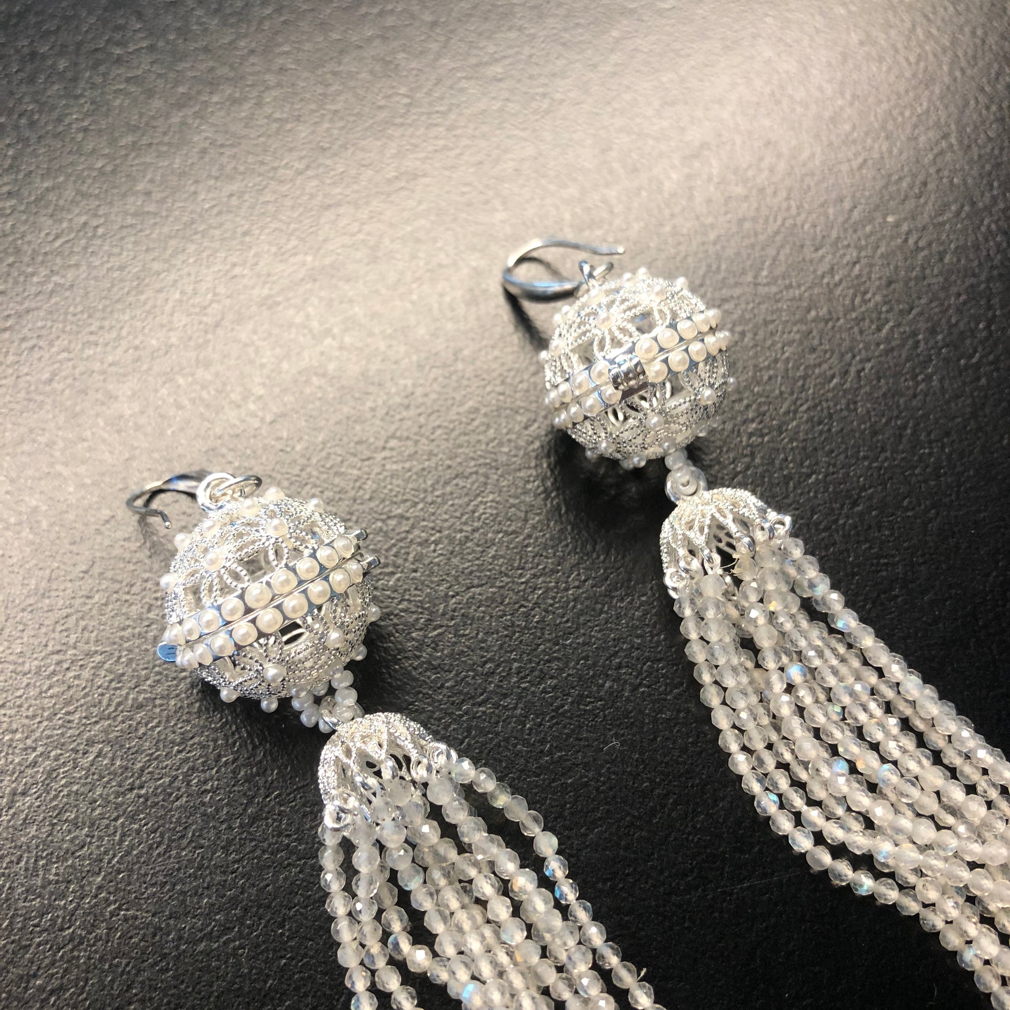 Herbal Locket Crystal Tassel Earrings - Grey Moonstone - Yun Boutique