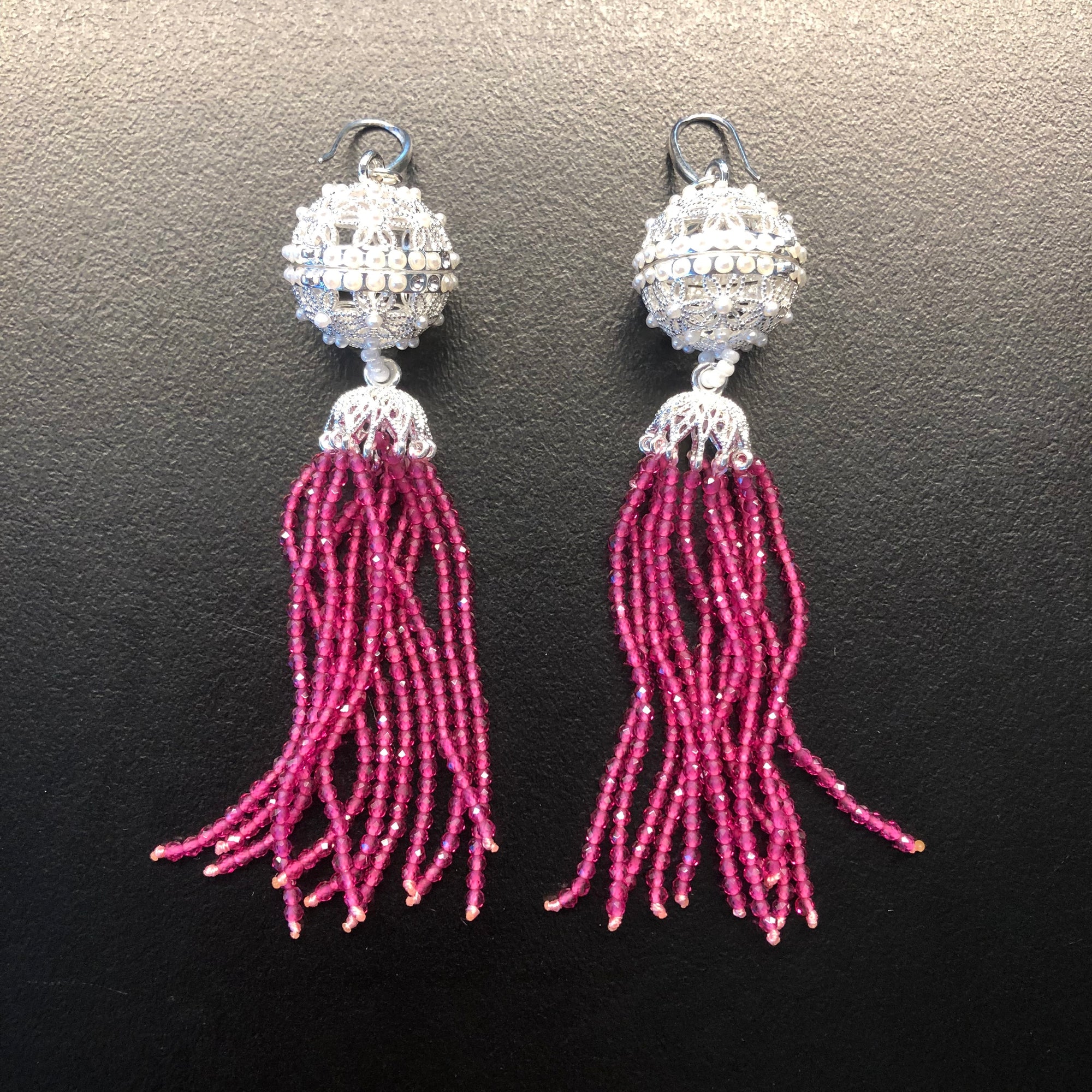 Herbal Locket Crystal Tassel Earrings - Fuchsia Zirconia - Yun Boutique