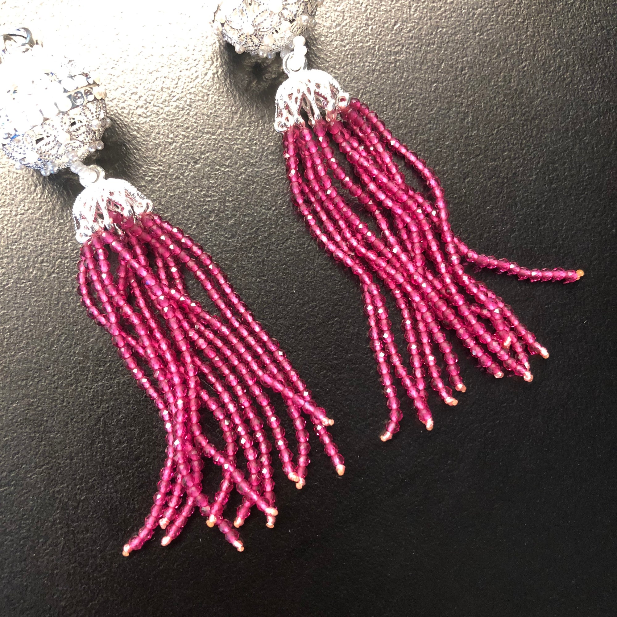 Herbal Locket Crystal Tassel Earrings - Fuchsia Zirconia - Yun Boutique